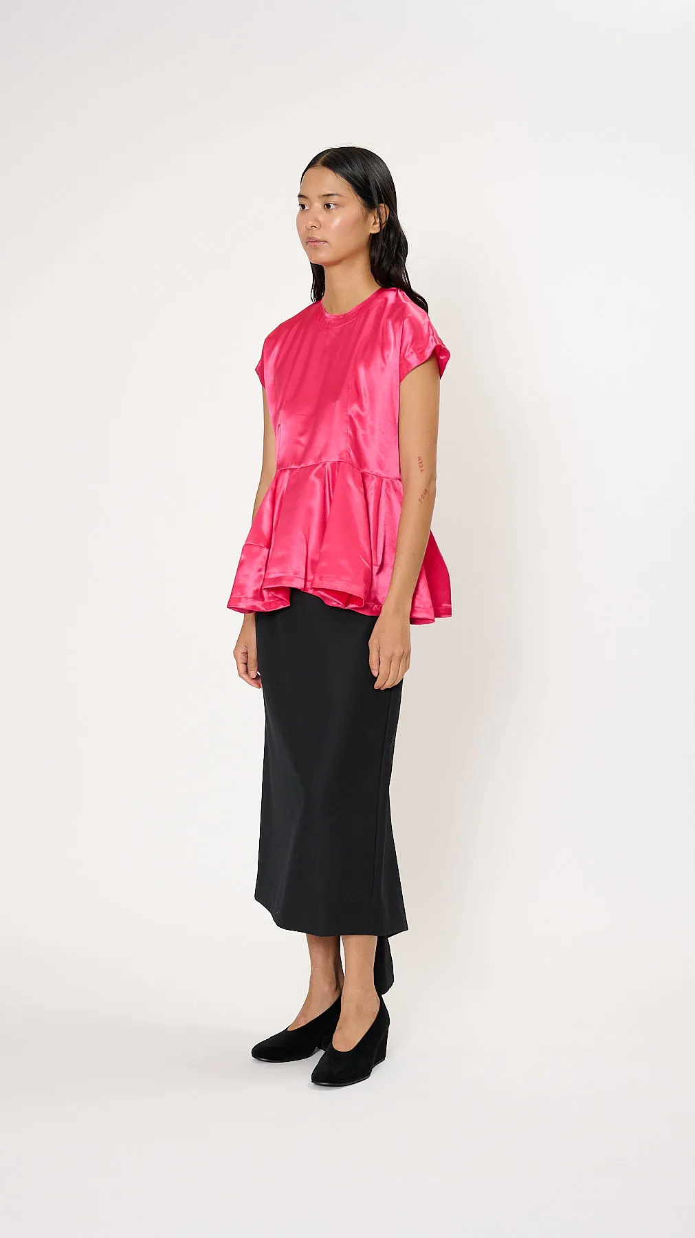 Ruffle Hem Satin Blouse in Hot Pink