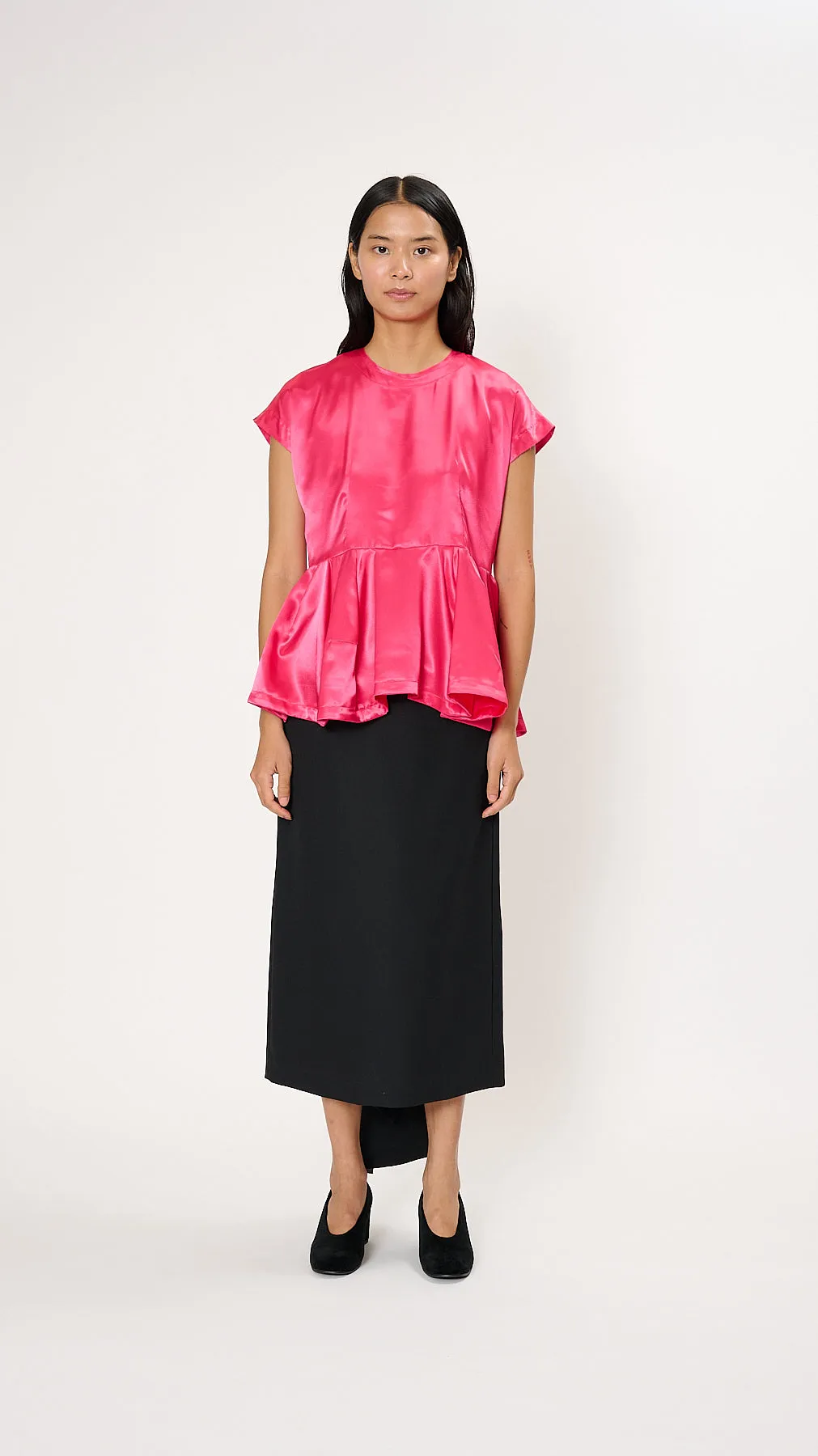 Ruffle Hem Satin Blouse in Hot Pink