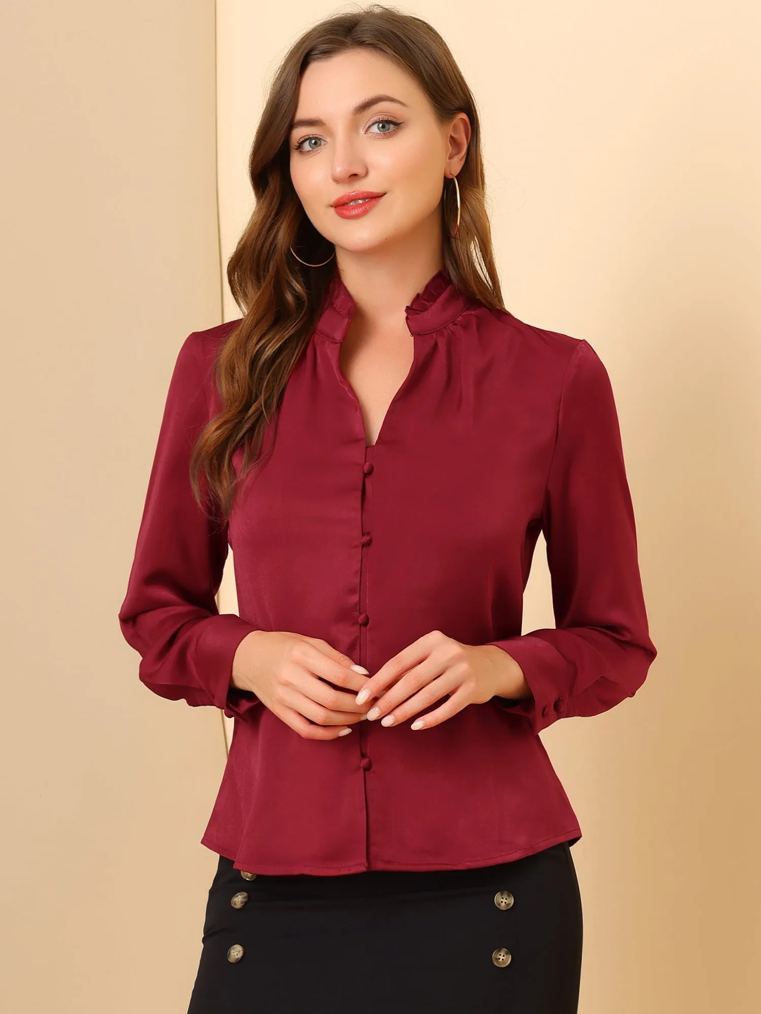 Ruffled Stand Collar Shirt Long Sleeve Button Elegant Satin Blouse