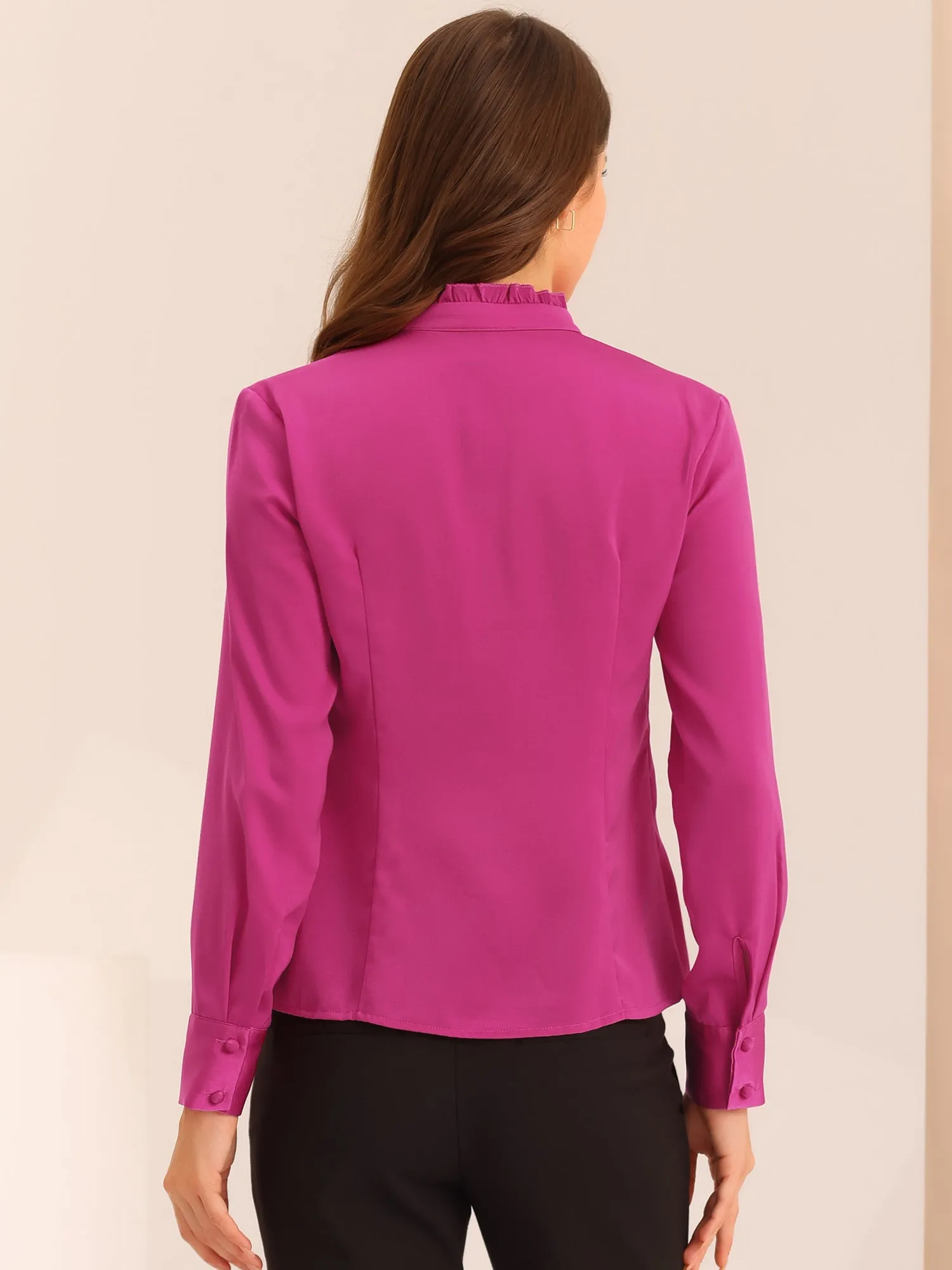 Ruffled Stand Collar Shirt Long Sleeve Button Elegant Satin Blouse