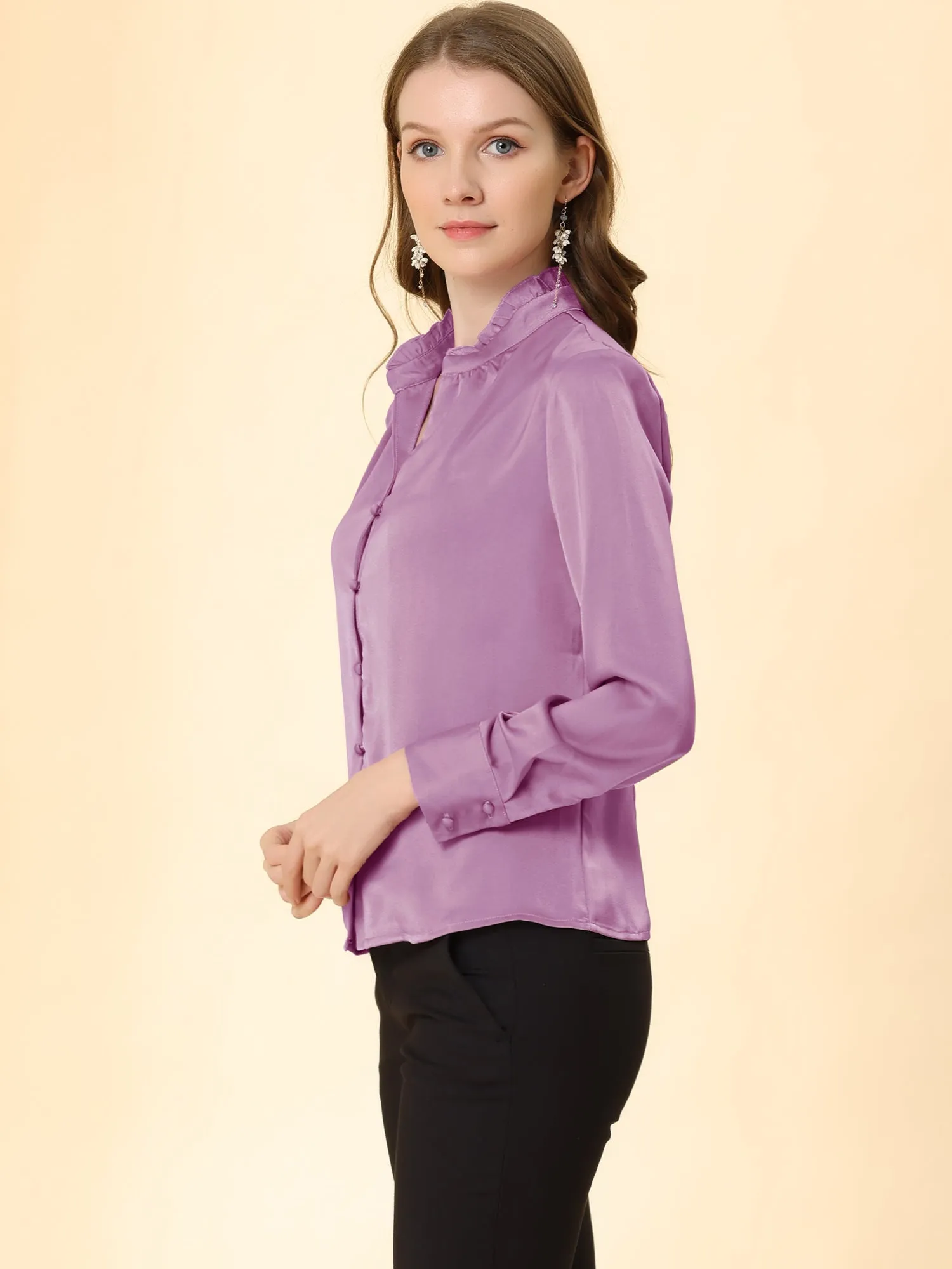 Ruffled Stand Collar Shirt Long Sleeve Button Elegant Satin Blouse