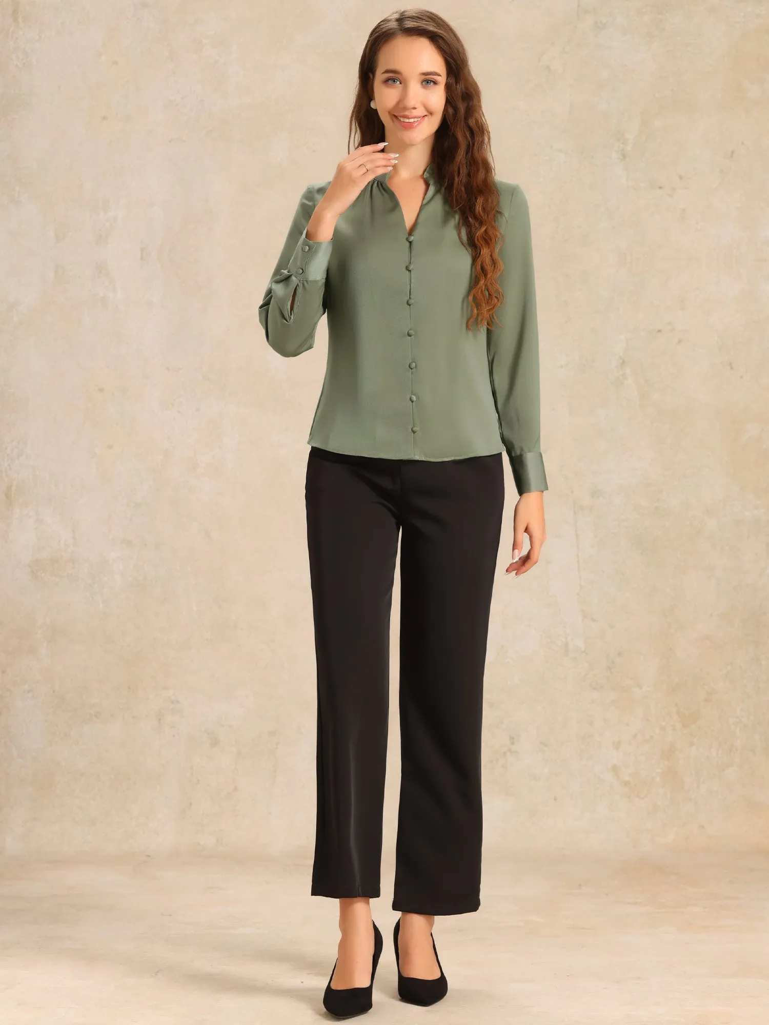 Ruffled Stand Collar Shirt Long Sleeve Button Elegant Satin Blouse