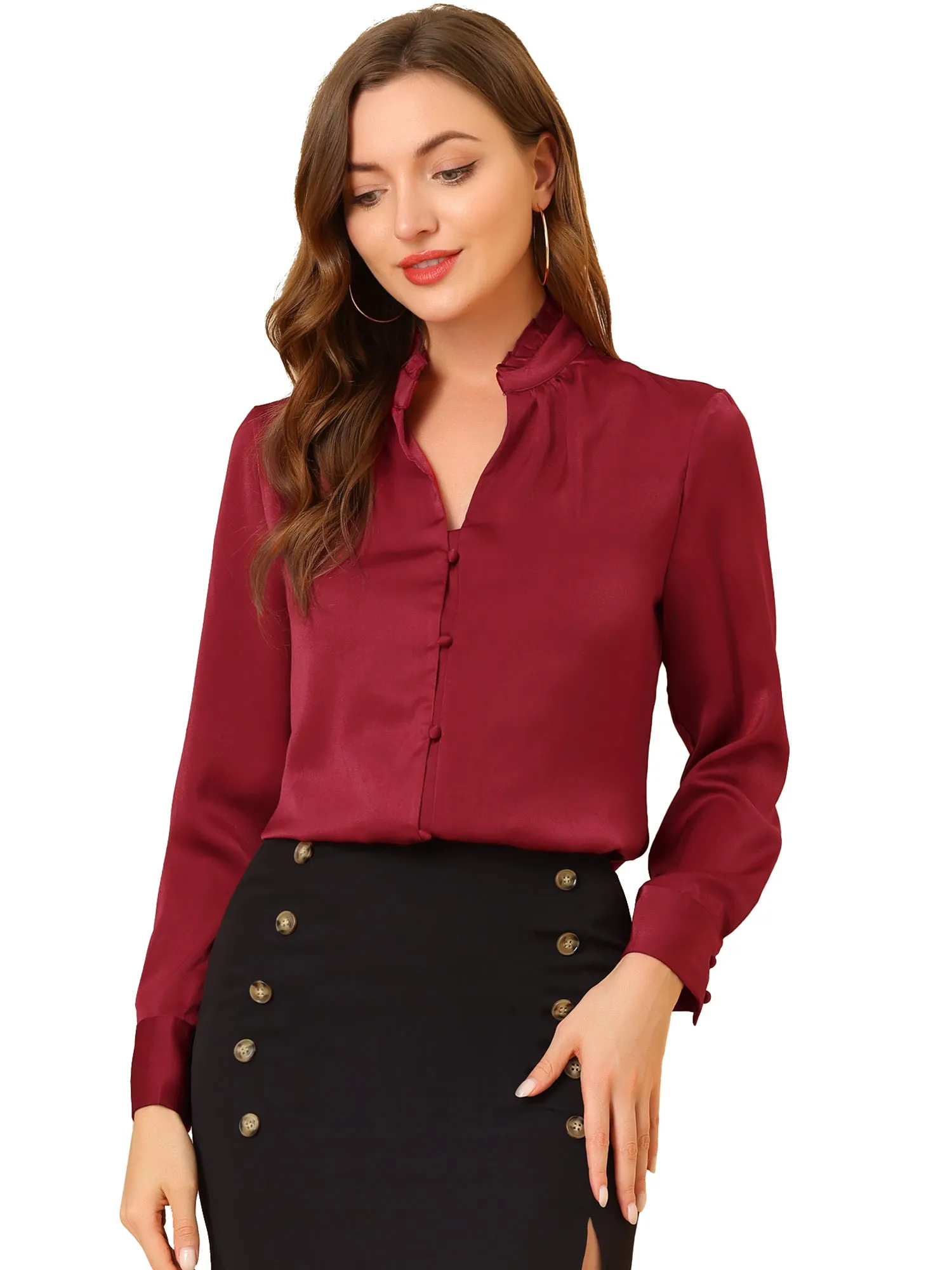 Ruffled Stand Collar Shirt Long Sleeve Button Elegant Satin Blouse