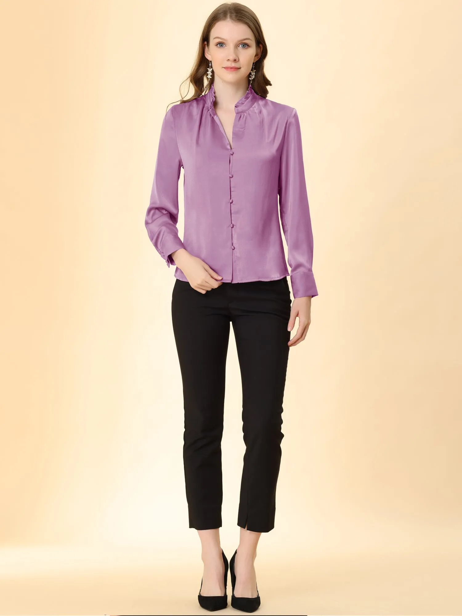Ruffled Stand Collar Shirt Long Sleeve Button Elegant Satin Blouse