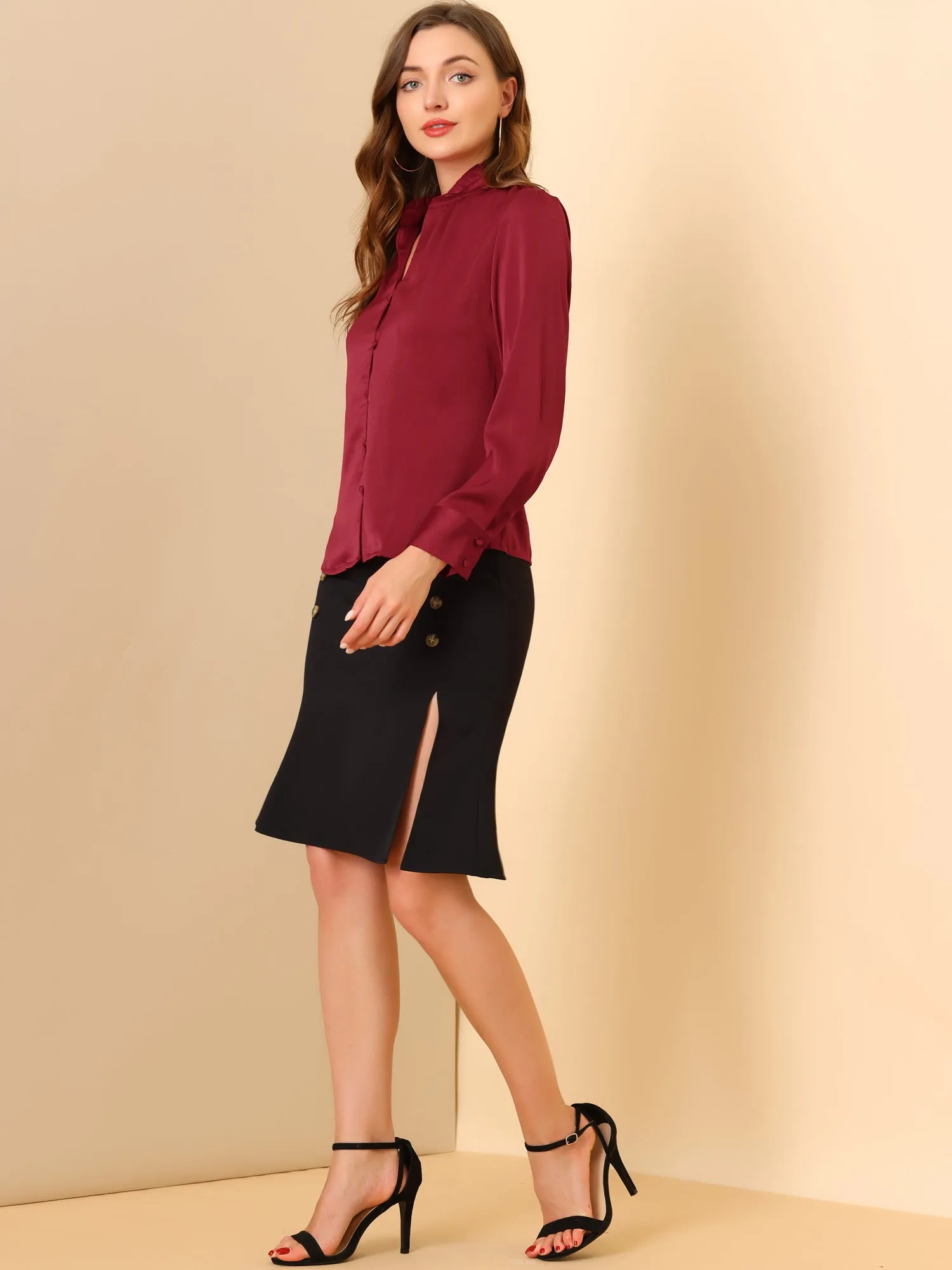 Ruffled Stand Collar Shirt Long Sleeve Button Elegant Satin Blouse