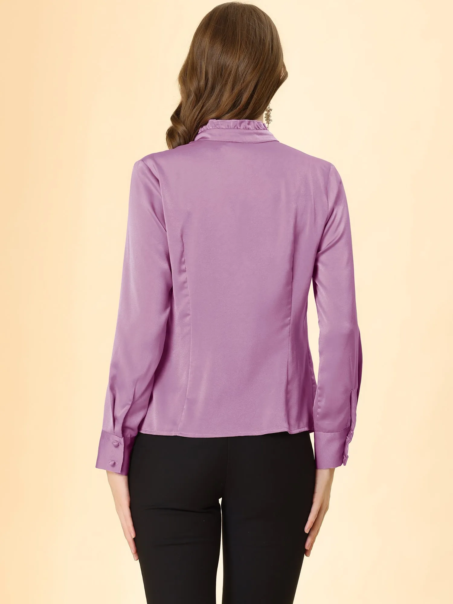 Ruffled Stand Collar Shirt Long Sleeve Button Elegant Satin Blouse
