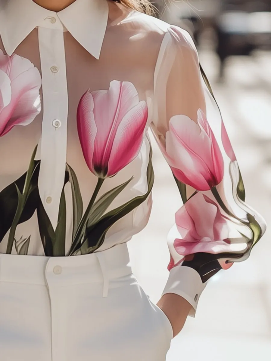 Sheer Floral Blouse with Pink Tulip Print