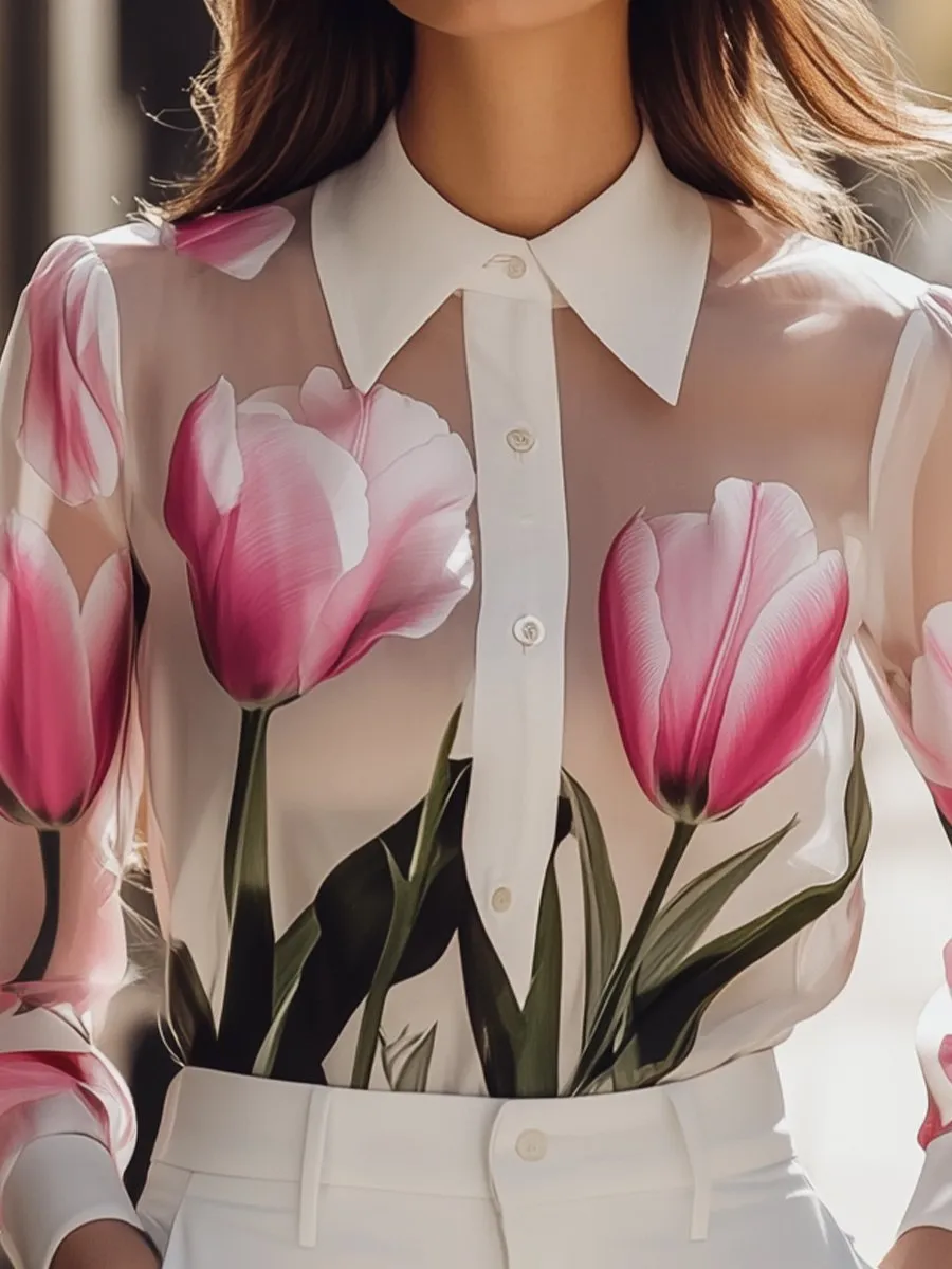 Sheer Floral Blouse with Pink Tulip Print