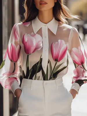 Sheer Floral Blouse with Pink Tulip Print