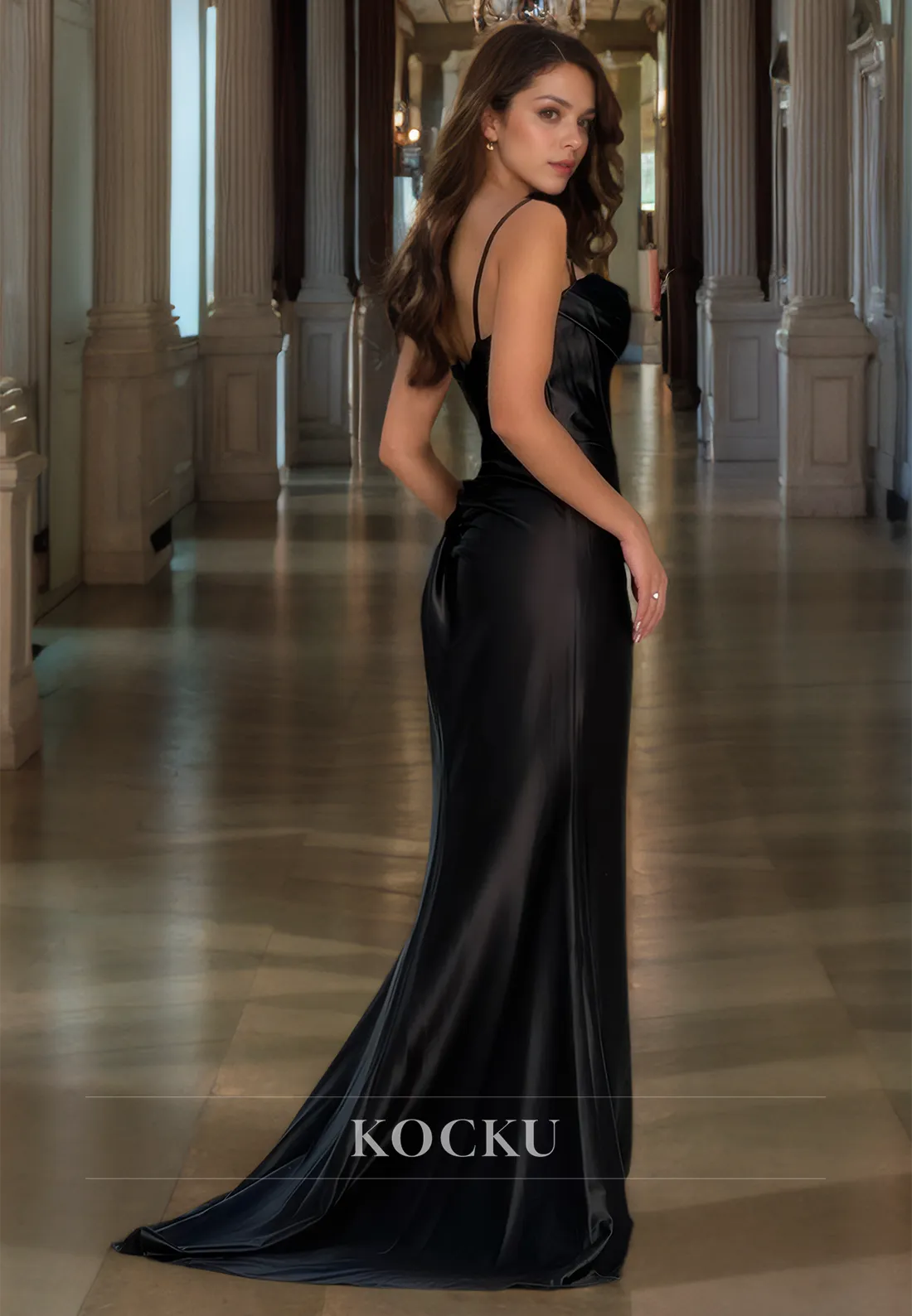 Spaghetti Straps Sweetheart Sheath Sweep Train Ruched Satin Prom Dress with Slit Party Dress