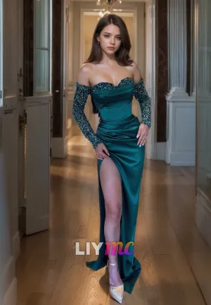 Sweetheart Long Sleeves Sequins Ruched Mermaid Prom Dress