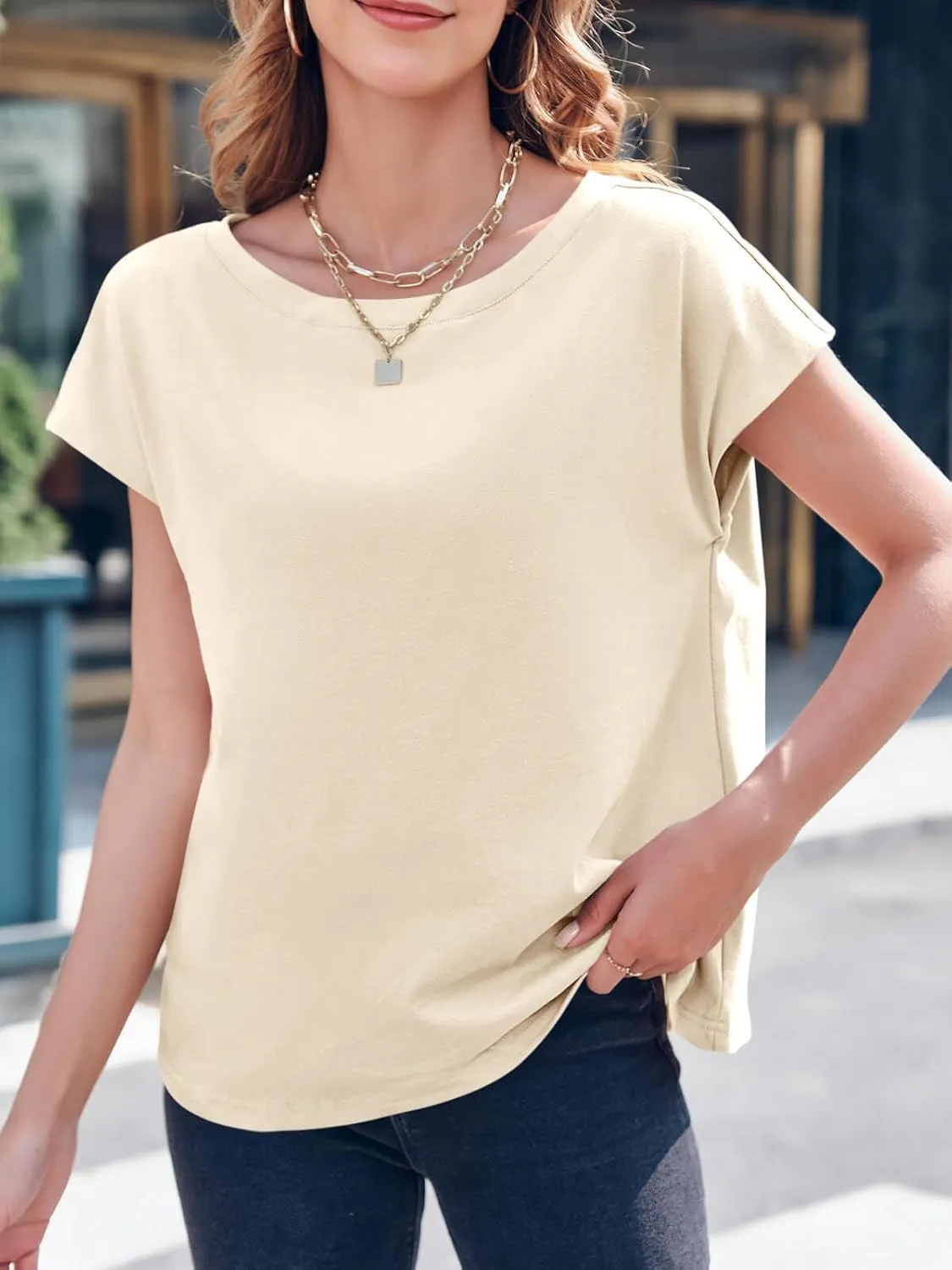 Tankaneo Womens Cap Sleeve Tops Boat Neck T-Shirts Summer Casual Loose Fit Basic Tees