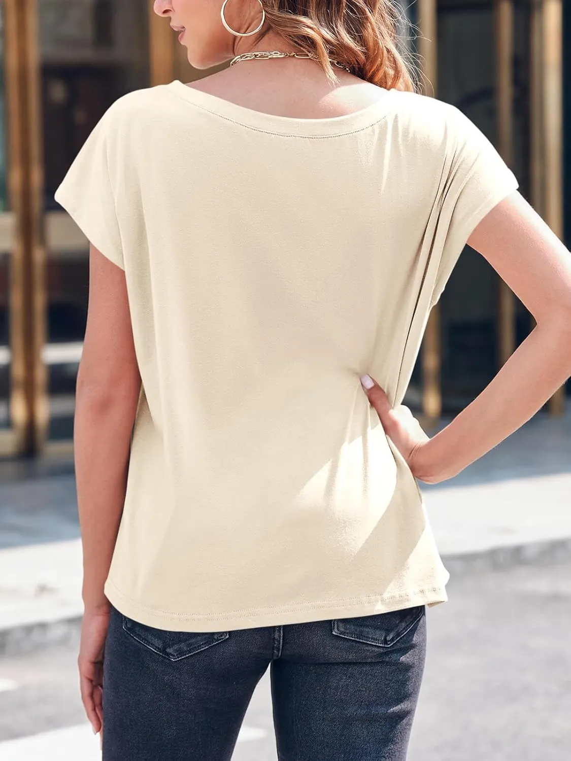 Tankaneo Womens Cap Sleeve Tops Boat Neck T-Shirts Summer Casual Loose Fit Basic Tees