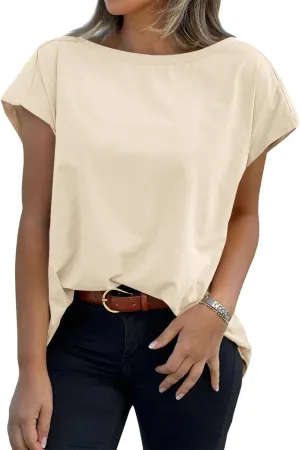 Tankaneo Womens Cap Sleeve Tops Boat Neck T-Shirts Summer Casual Loose Fit Basic Tees