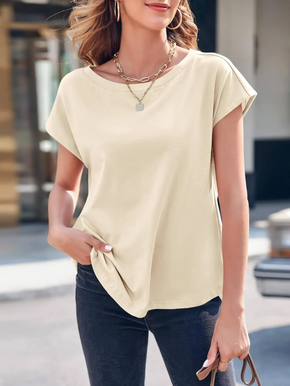Tankaneo Womens Cap Sleeve Tops Boat Neck T-Shirts Summer Casual Loose Fit Basic Tees