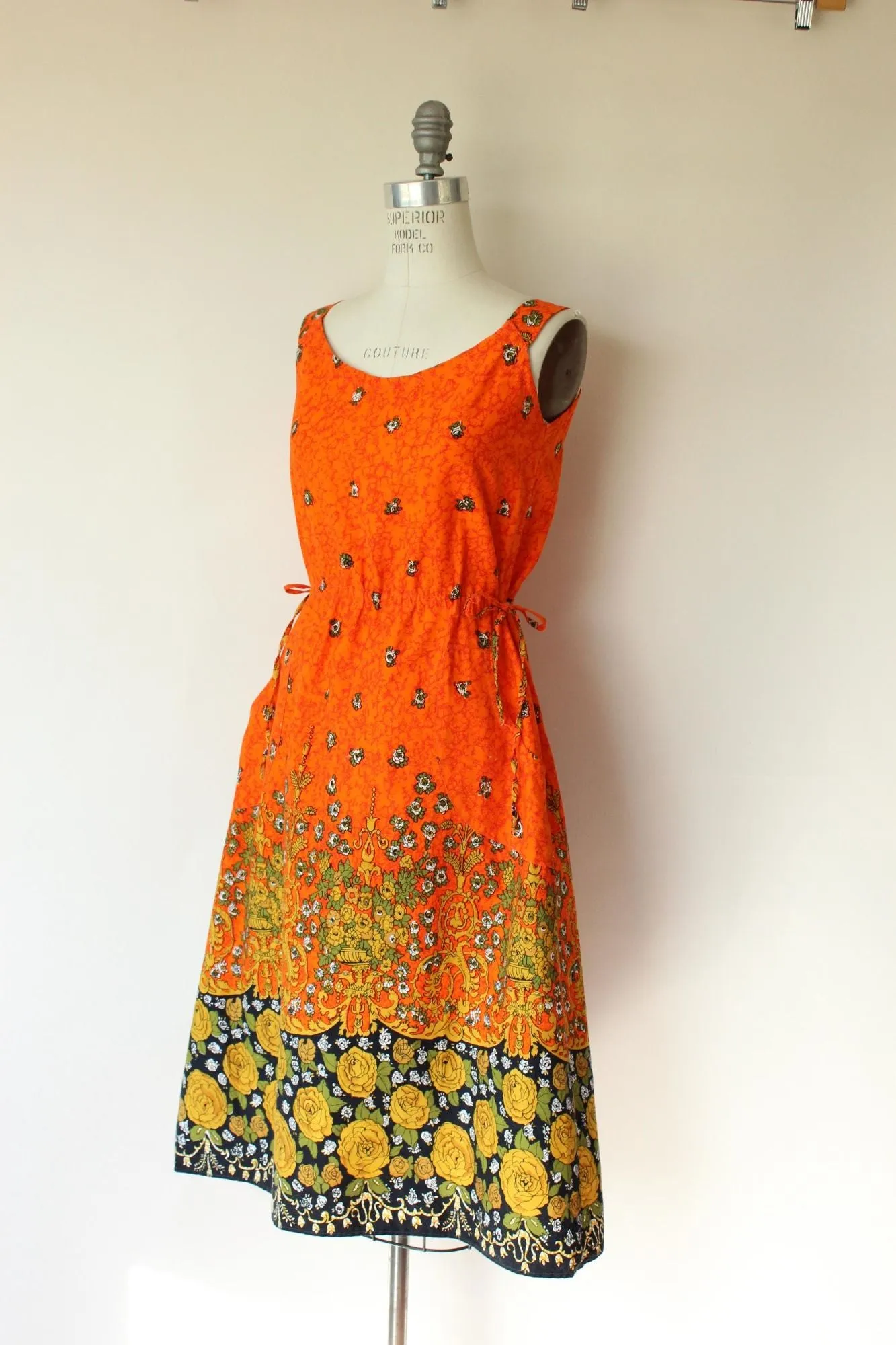 Vintage 1970s 1980s Orange and Black Floral Print Sundress with Pockets