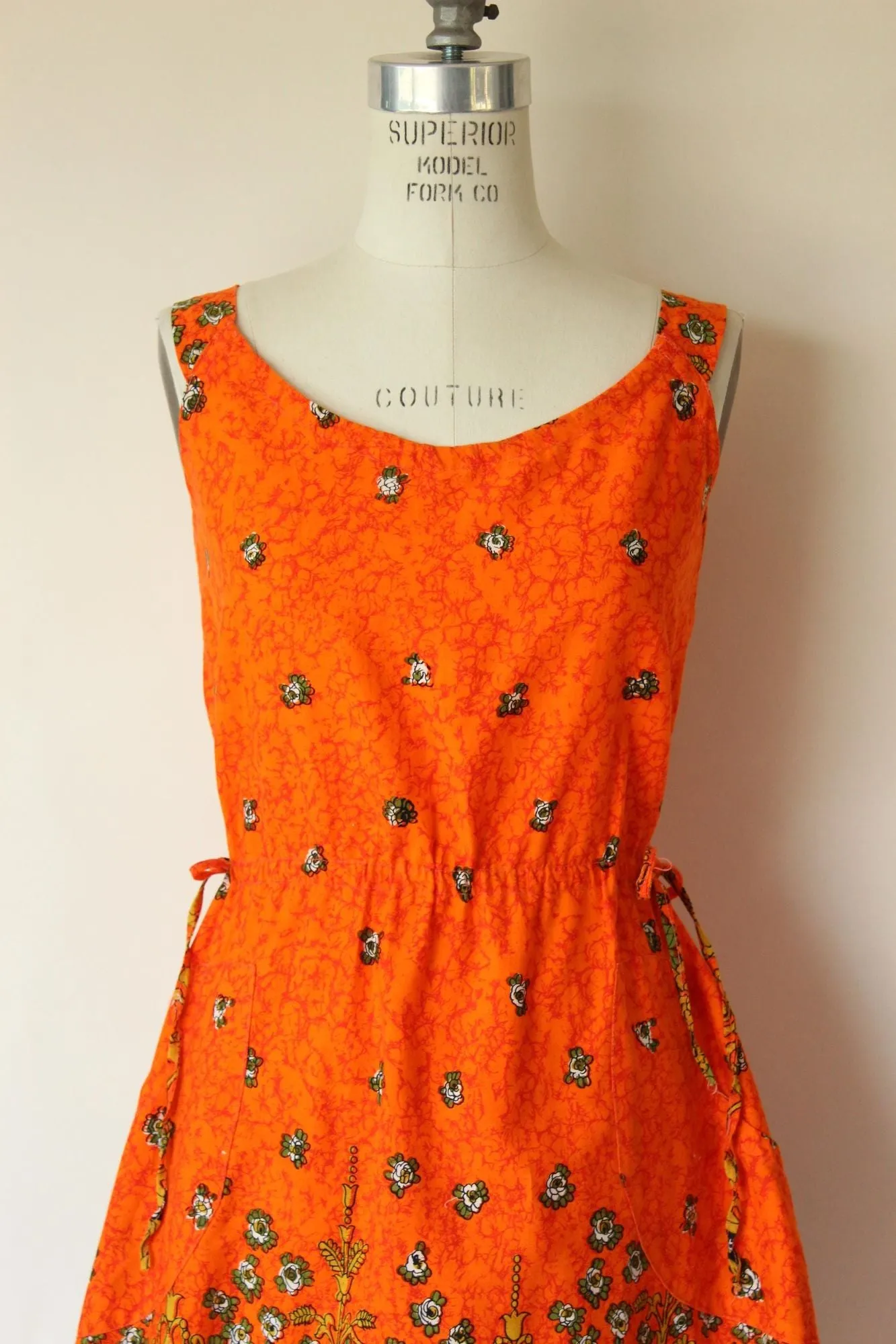 Vintage 1970s 1980s Orange and Black Floral Print Sundress with Pockets