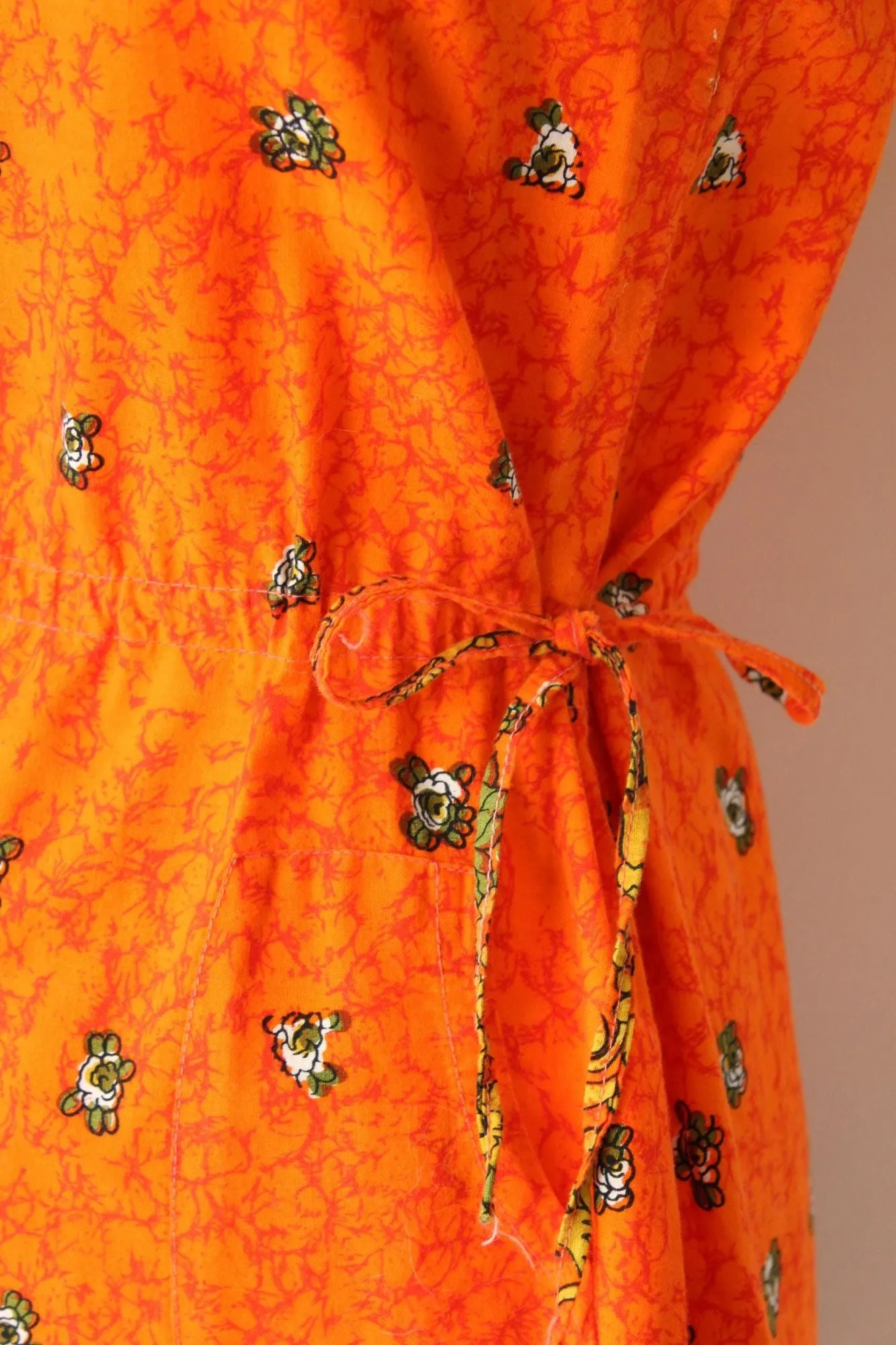 Vintage 1970s 1980s Orange and Black Floral Print Sundress with Pockets