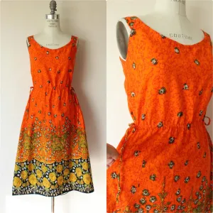 Vintage 1970s 1980s Orange and Black Floral Print Sundress with Pockets