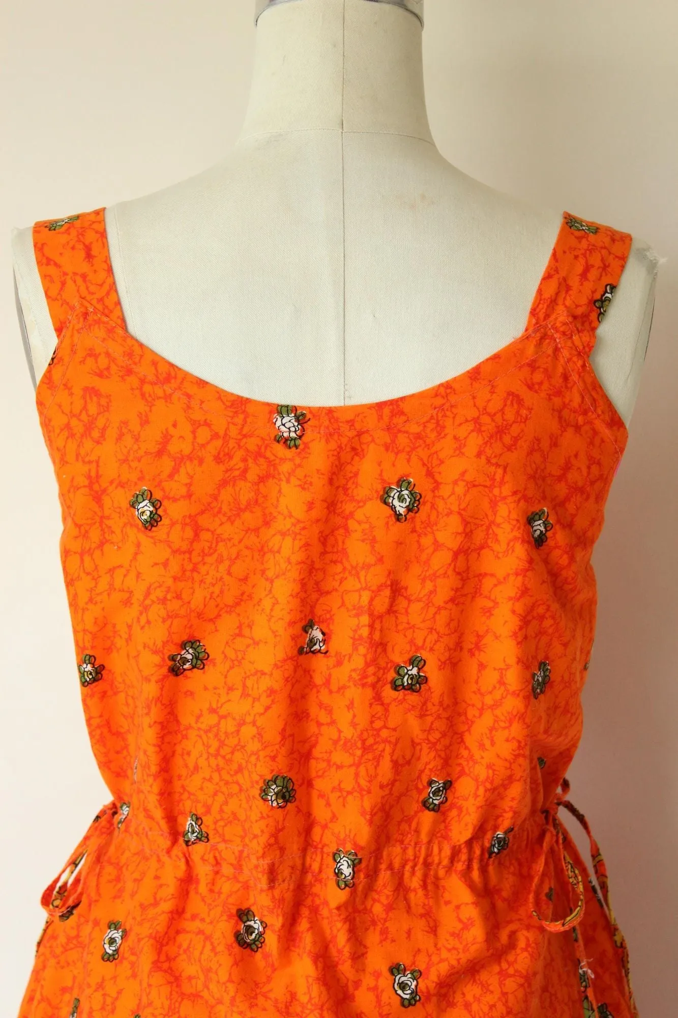 Vintage 1970s 1980s Orange and Black Floral Print Sundress with Pockets