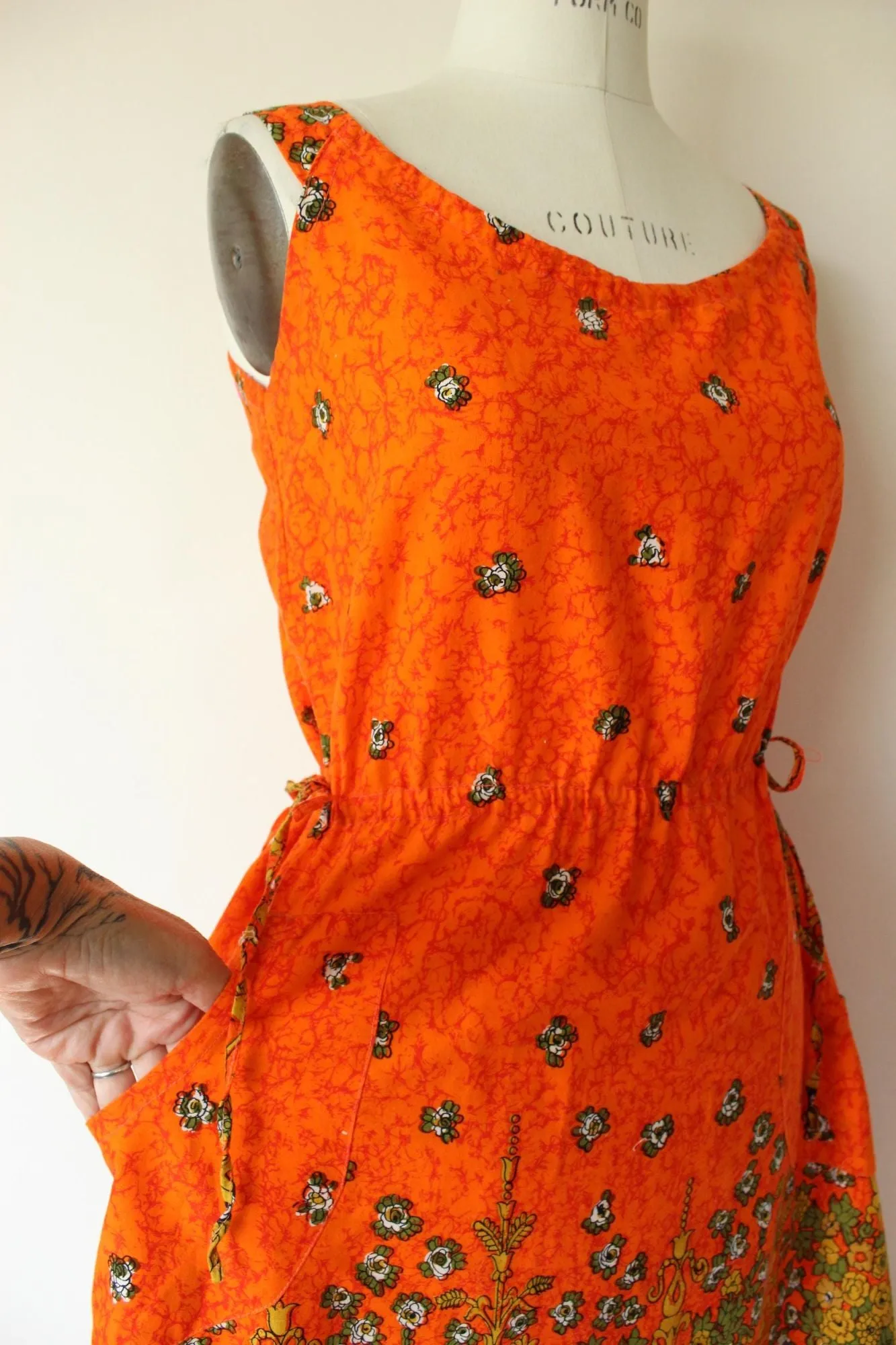 Vintage 1970s 1980s Orange and Black Floral Print Sundress with Pockets