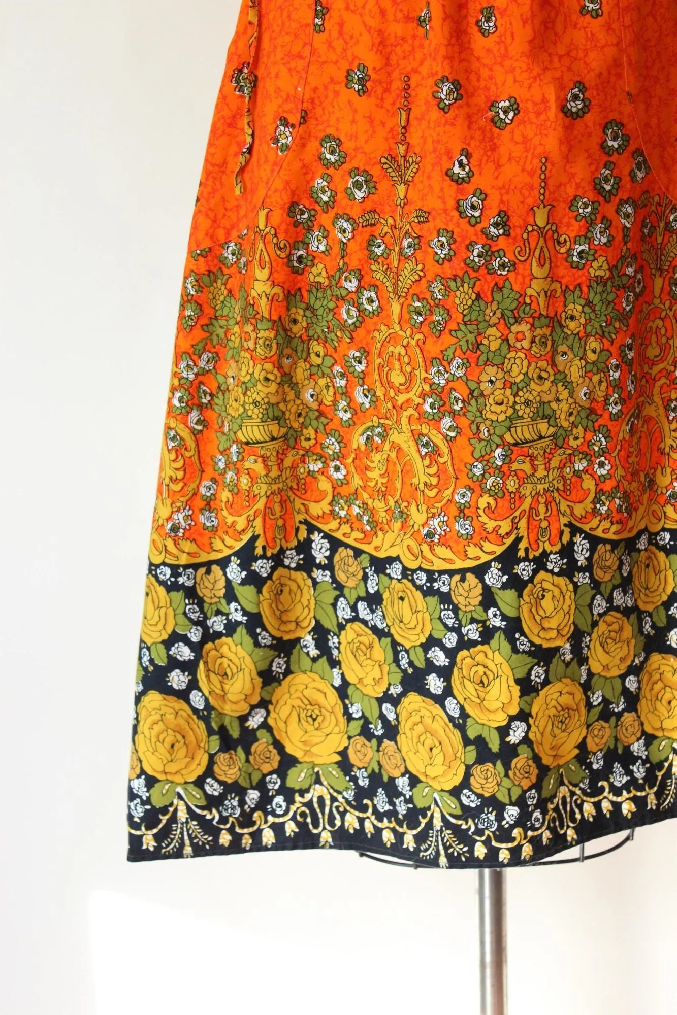 Vintage 1970s 1980s Orange and Black Floral Print Sundress with Pockets