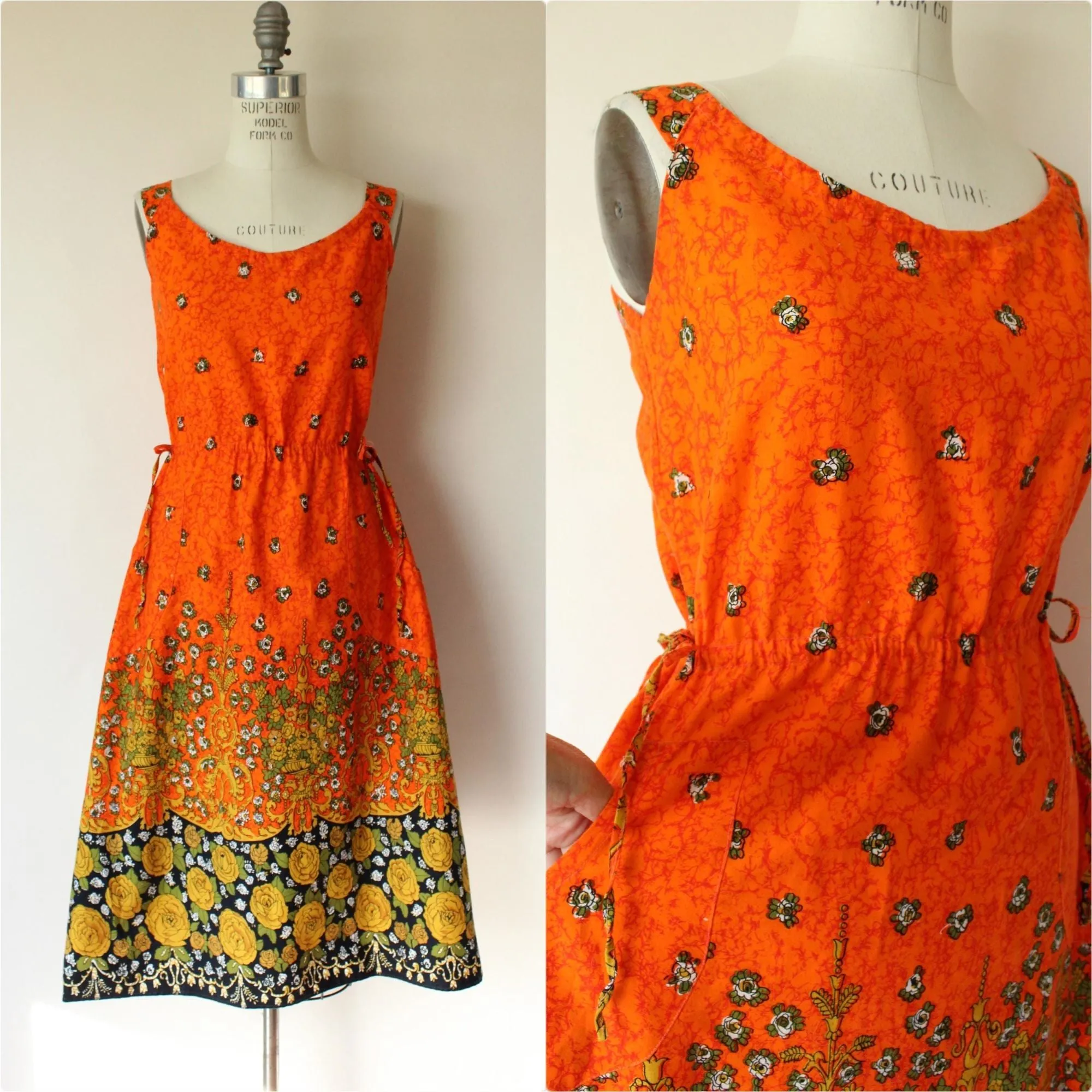 Vintage 1970s 1980s Orange and Black Floral Print Sundress with Pockets