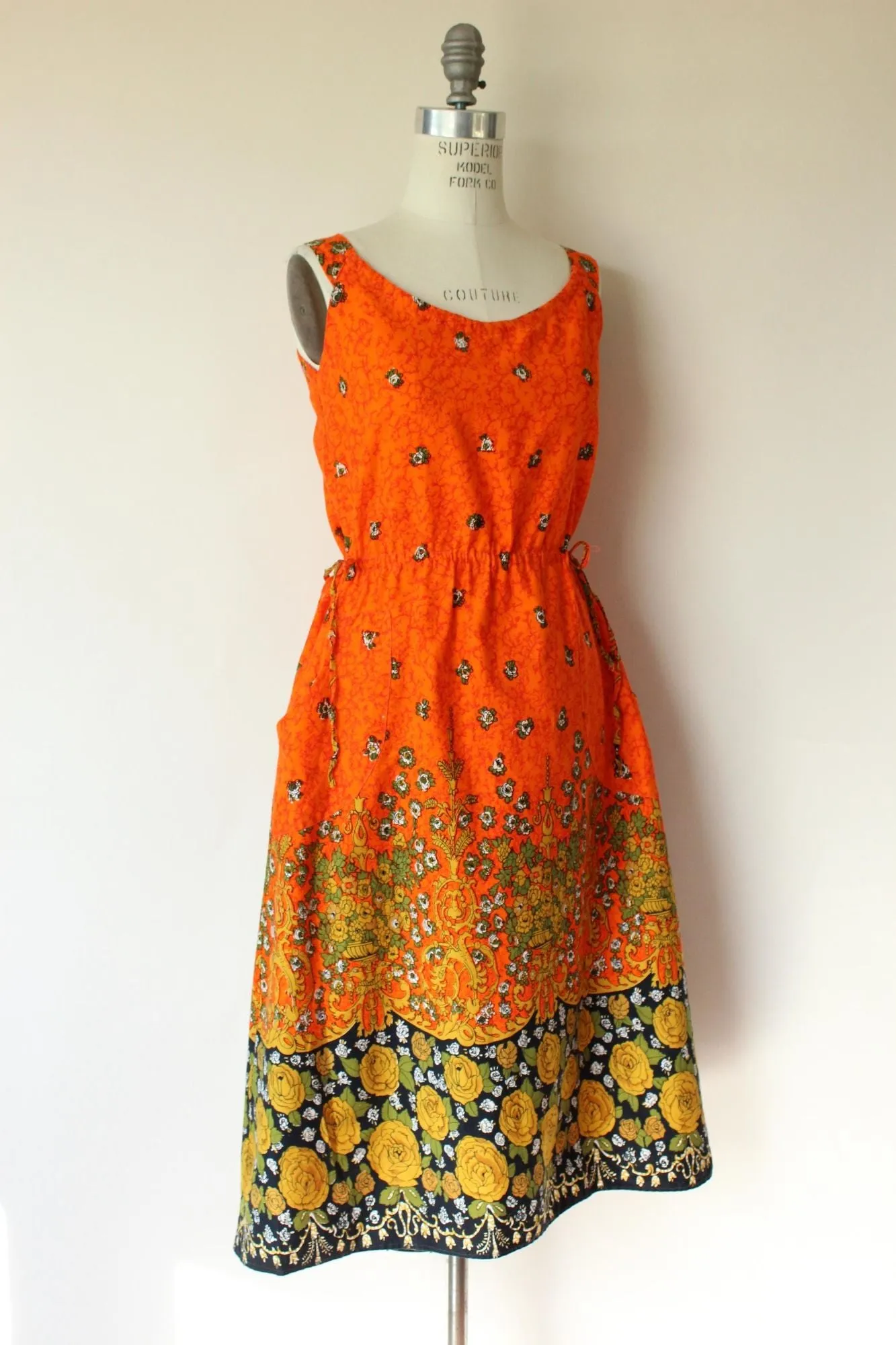 Vintage 1970s 1980s Orange and Black Floral Print Sundress with Pockets