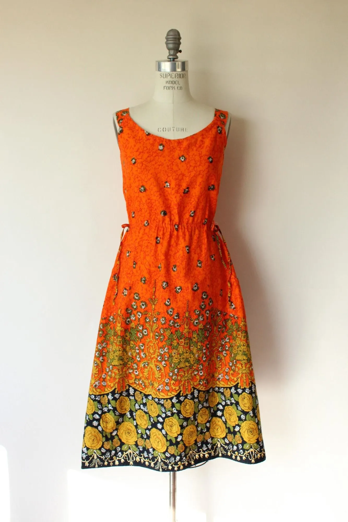 Vintage 1970s 1980s Orange and Black Floral Print Sundress with Pockets