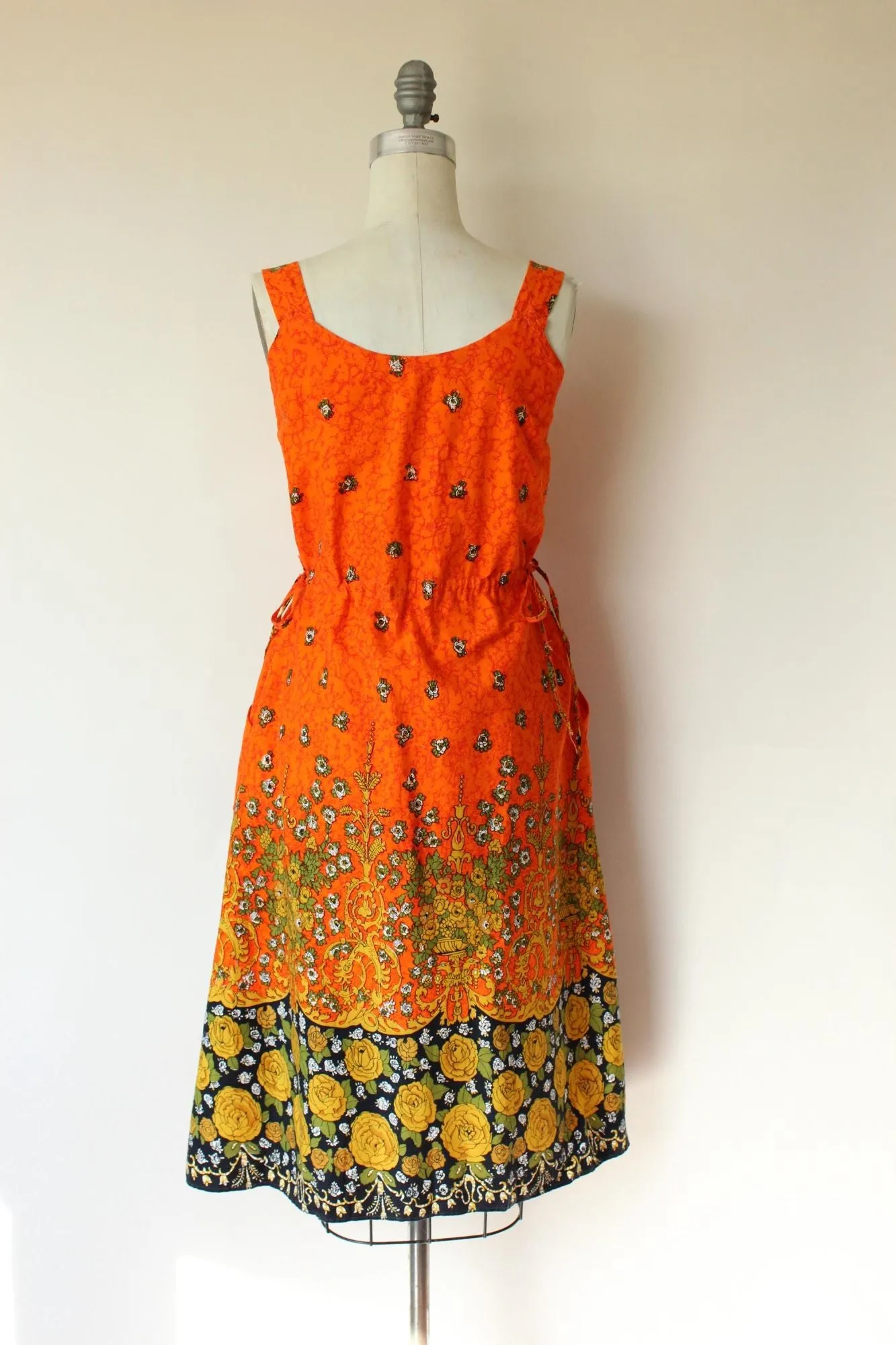 Vintage 1970s 1980s Orange and Black Floral Print Sundress with Pockets