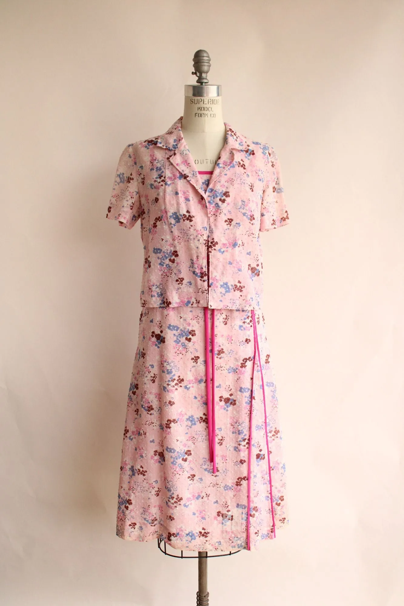 Vintage 1970s 1980s Pink Floral Print Cotton Sundress With Jacket and Belt