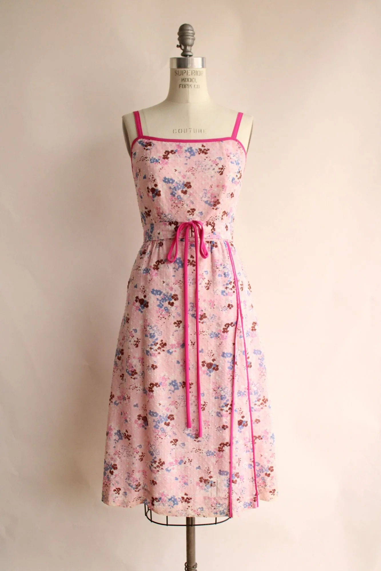 Vintage 1970s 1980s Pink Floral Print Cotton Sundress With Jacket and Belt