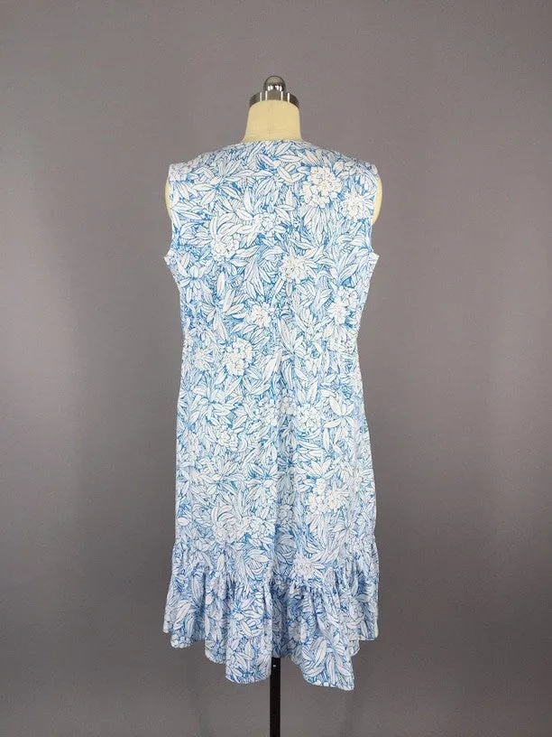Vintage 1970s Dress / Blue Tropical Print