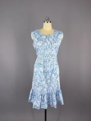 Vintage 1970s Dress / Blue Tropical Print