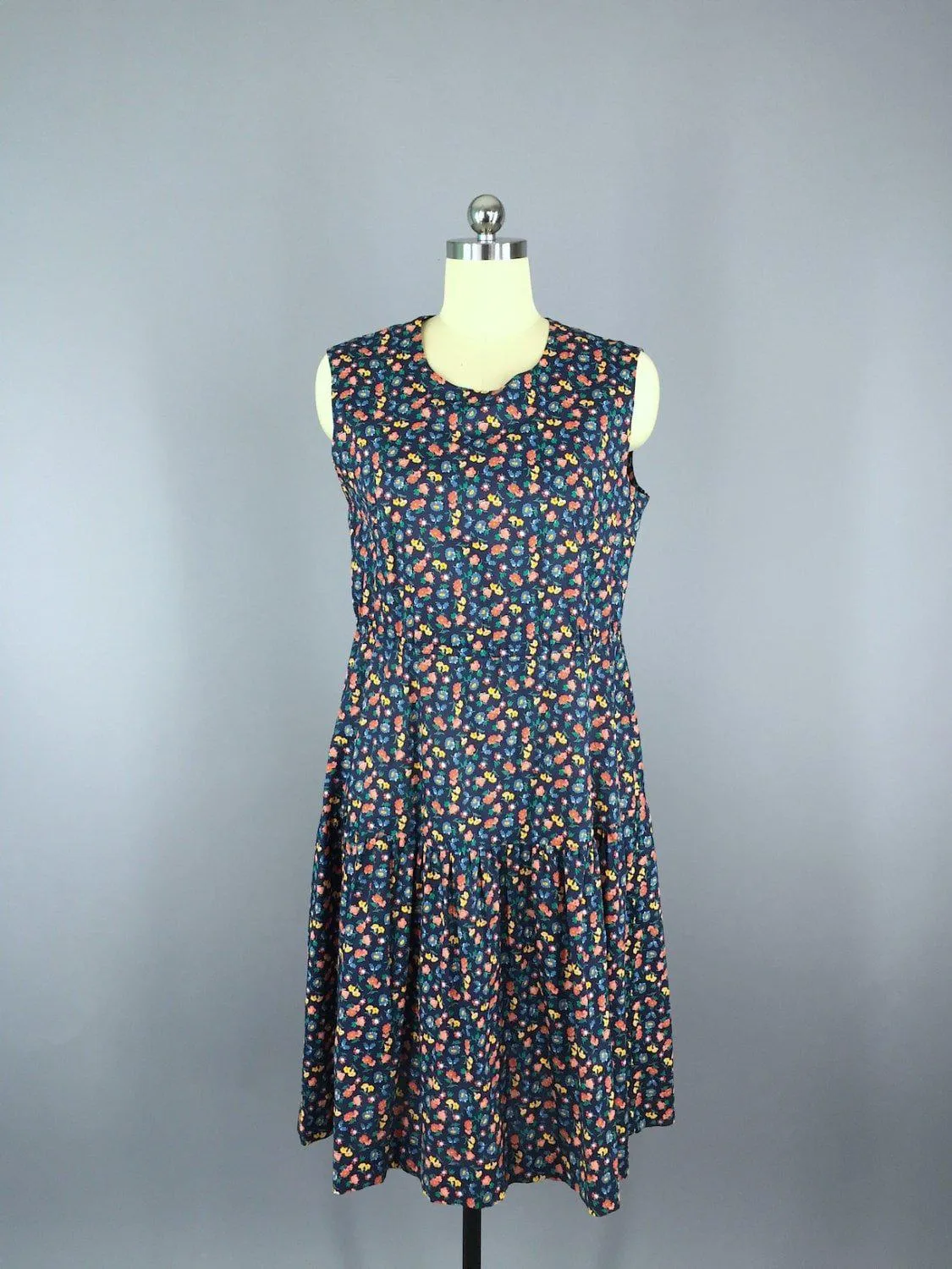 Vintage 80s Sundress / Navy Blue Floral Print