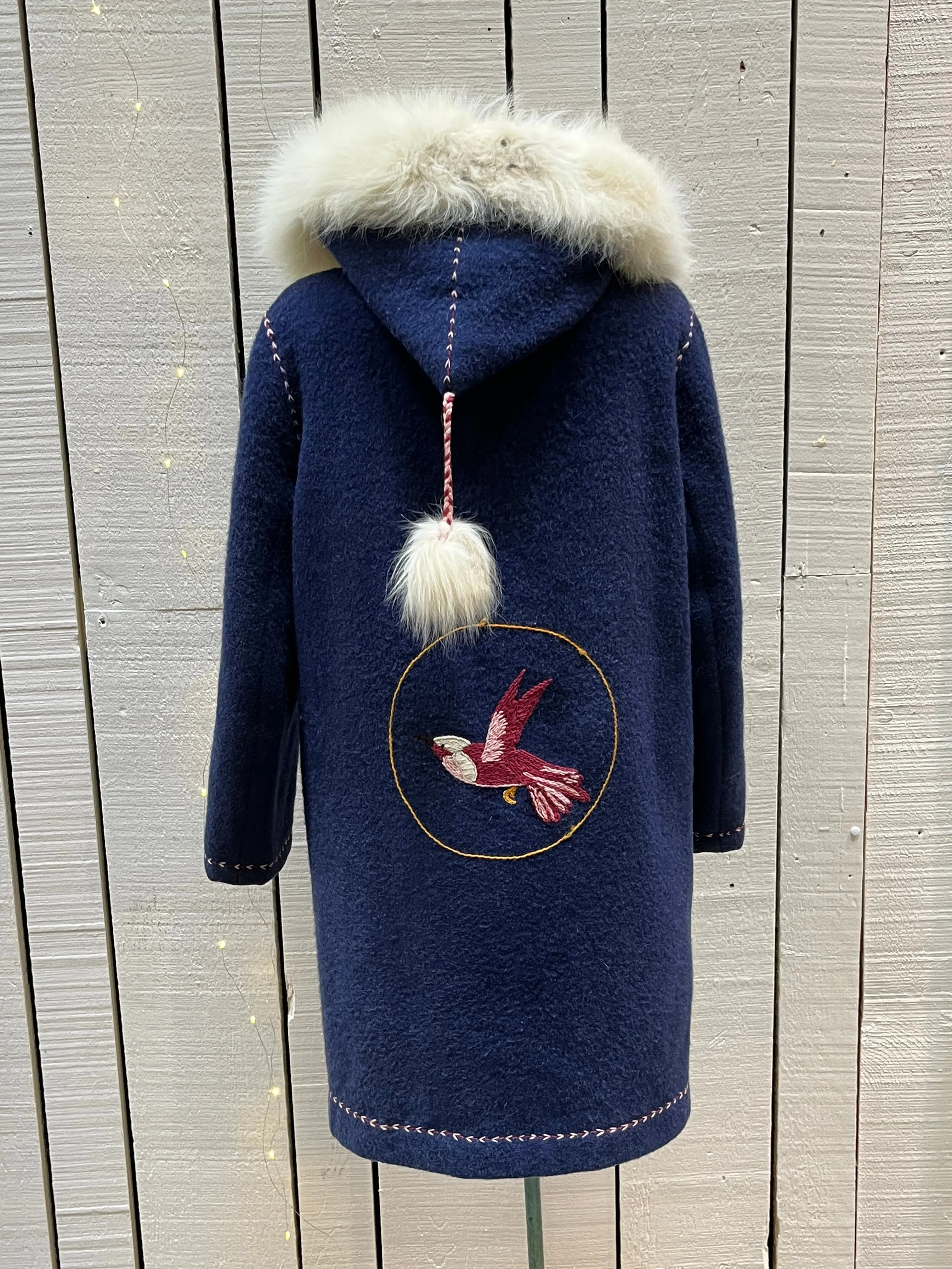 Vintage Blue Wool Northern Parka with White Fur Trimmed Hood and Hand Embroidered Details, Chest 42” SOLD
