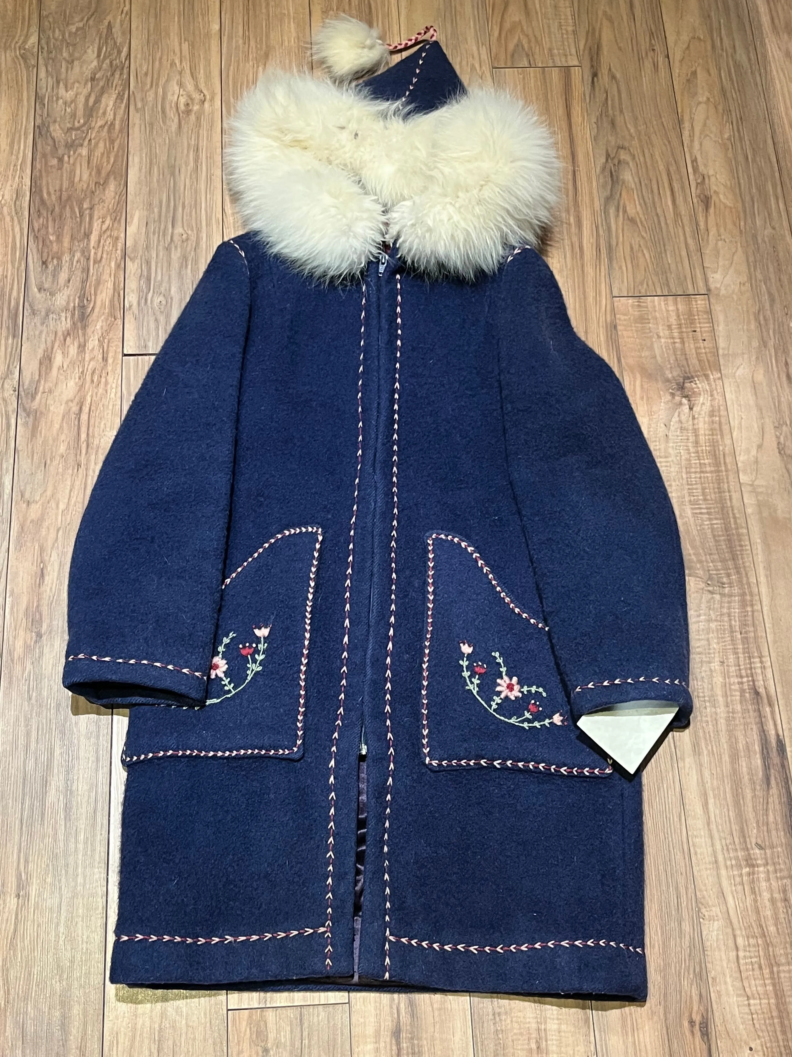 Vintage Blue Wool Northern Parka with White Fur Trimmed Hood and Hand Embroidered Details, Chest 42” SOLD