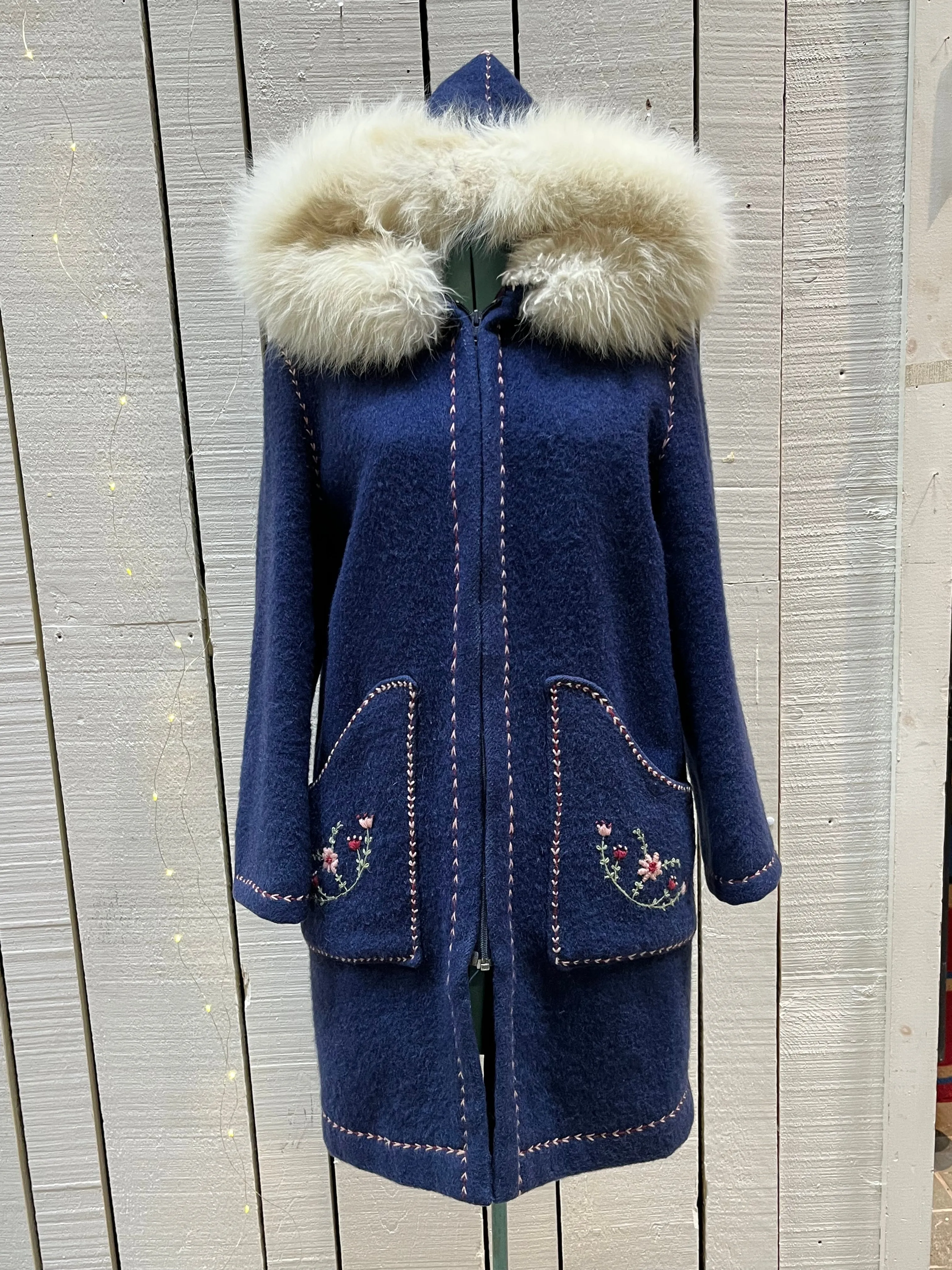 Vintage Blue Wool Northern Parka with White Fur Trimmed Hood and Hand Embroidered Details, Chest 42” SOLD