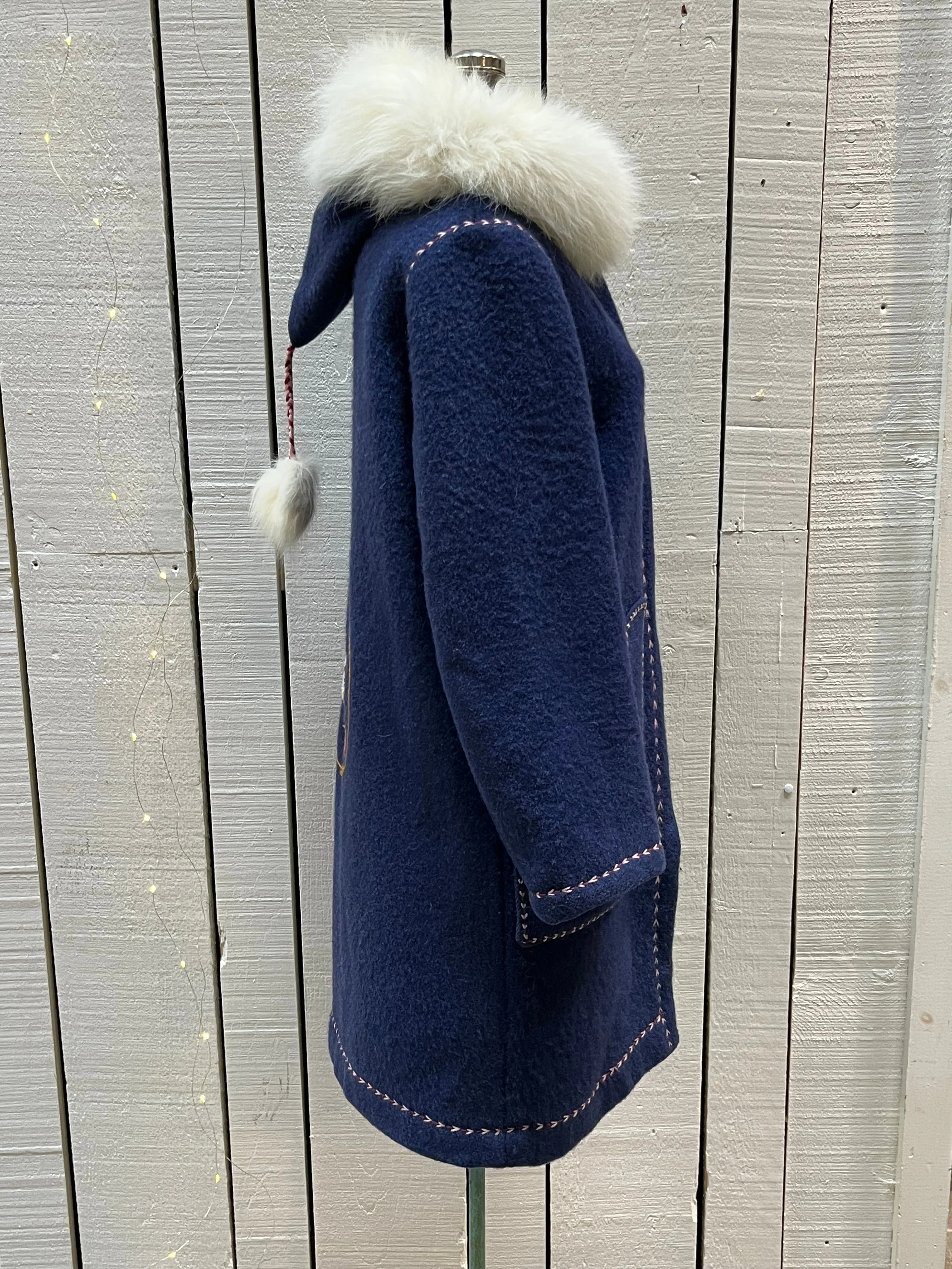 Vintage Blue Wool Northern Parka with White Fur Trimmed Hood and Hand Embroidered Details, Chest 42” SOLD