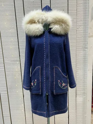 Vintage Blue Wool Northern Parka with White Fur Trimmed Hood and Hand Embroidered Details, Chest 42” SOLD
