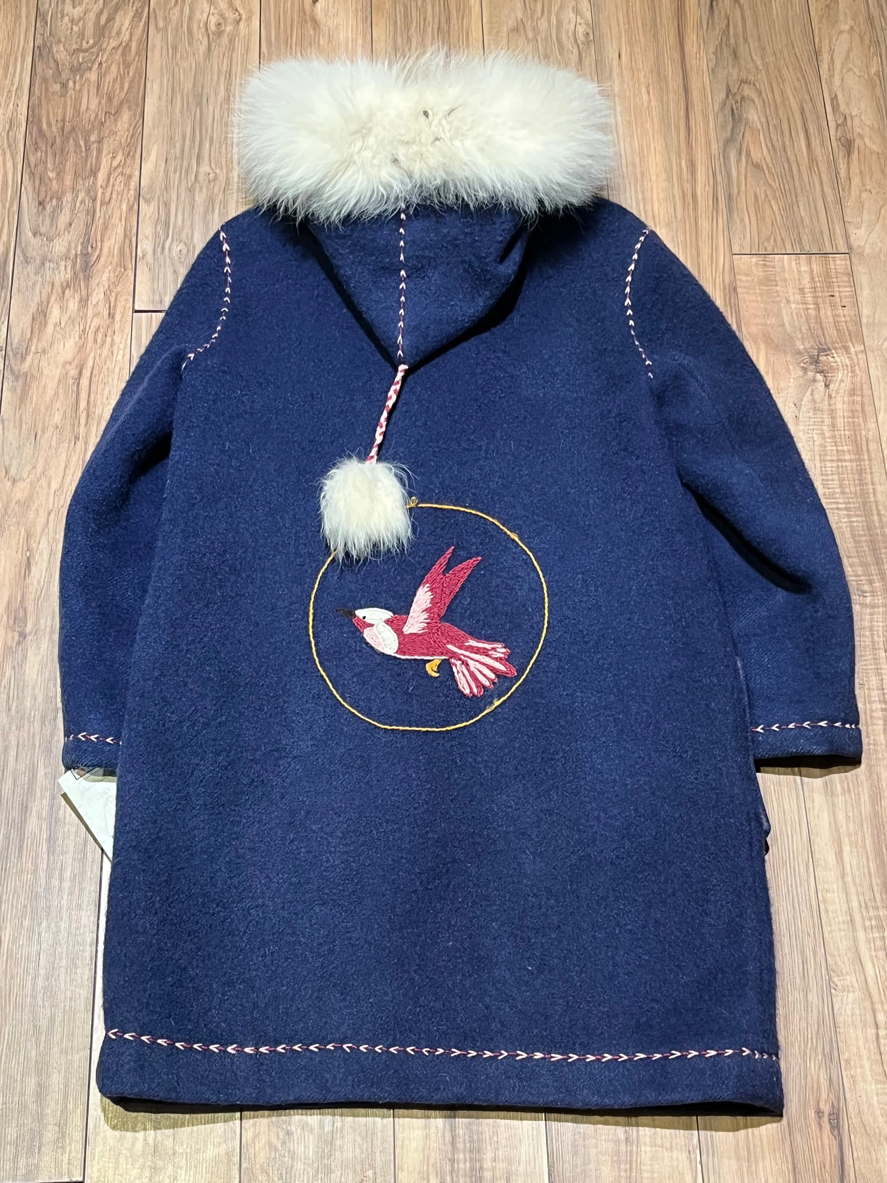 Vintage Blue Wool Northern Parka with White Fur Trimmed Hood and Hand Embroidered Details, Chest 42” SOLD
