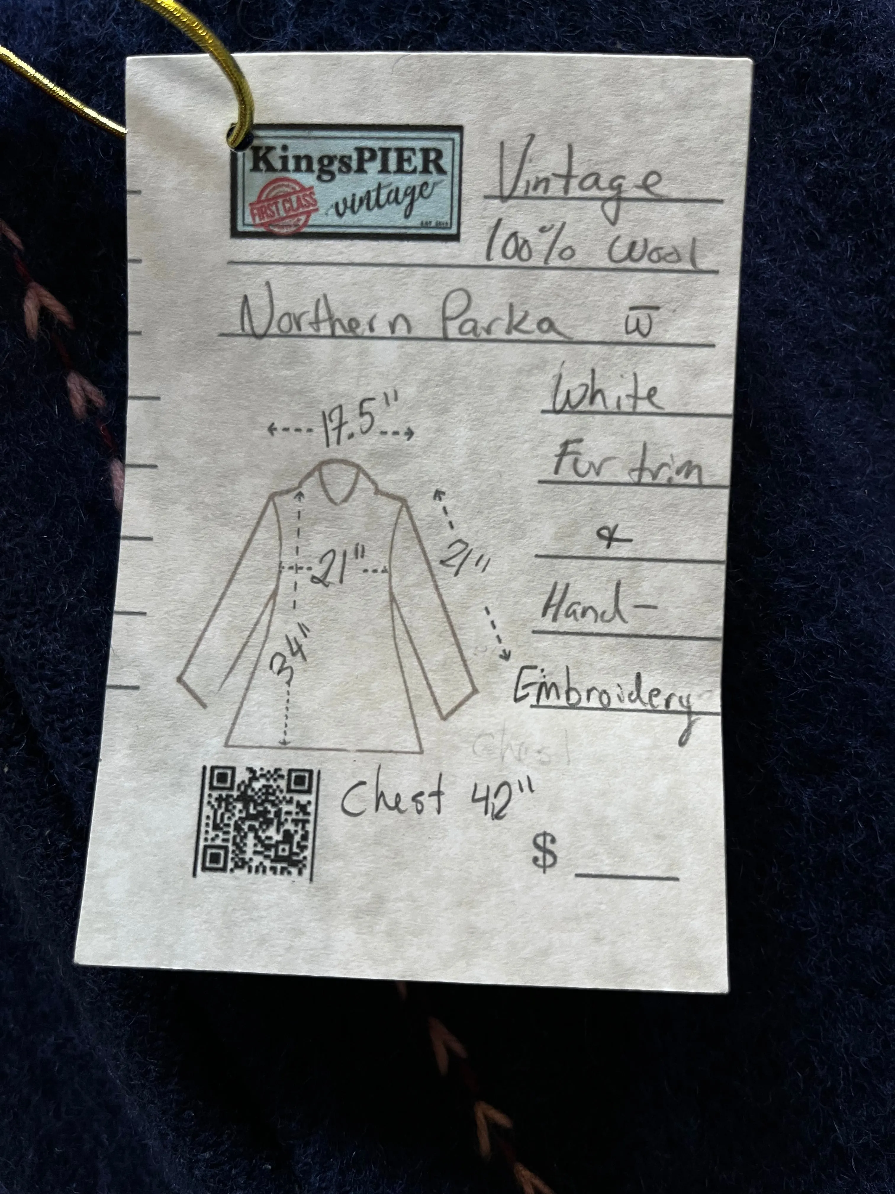 Vintage Blue Wool Northern Parka with White Fur Trimmed Hood and Hand Embroidered Details, Chest 42” SOLD