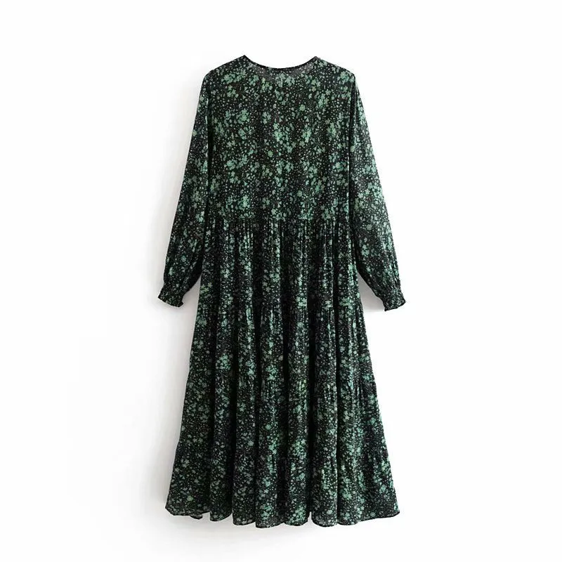 Women Elegant Floral Print Dresses Vintage Ruffled