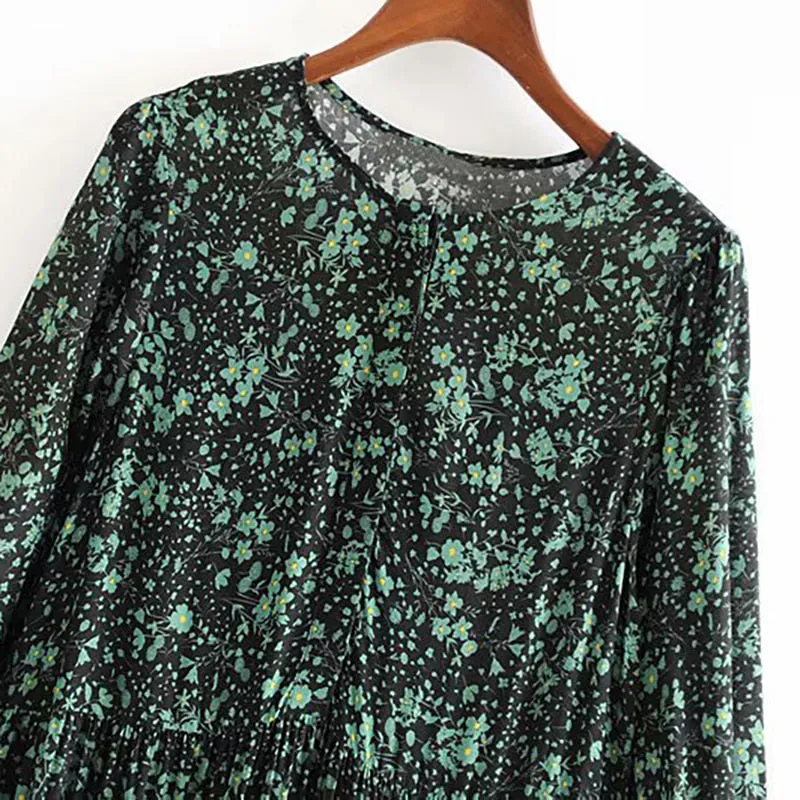 Women Elegant Floral Print Dresses Vintage Ruffled