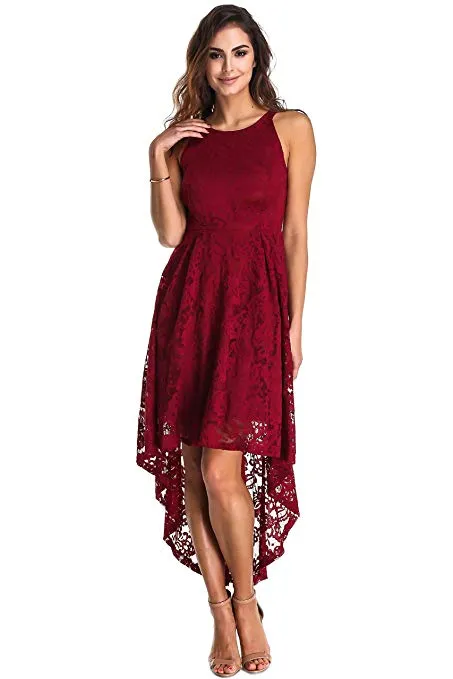 Women's Halter Neck High Low Floral Lace Bridesmaid Sleeveless Swing Cocktail Parte Evening Semi Formal Dress