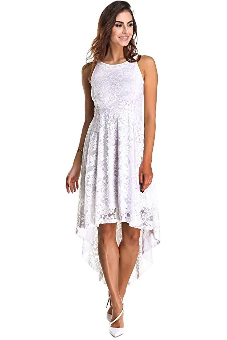 Women's Halter Neck High Low Floral Lace Bridesmaid Sleeveless Swing Cocktail Parte Evening Semi Formal Dress