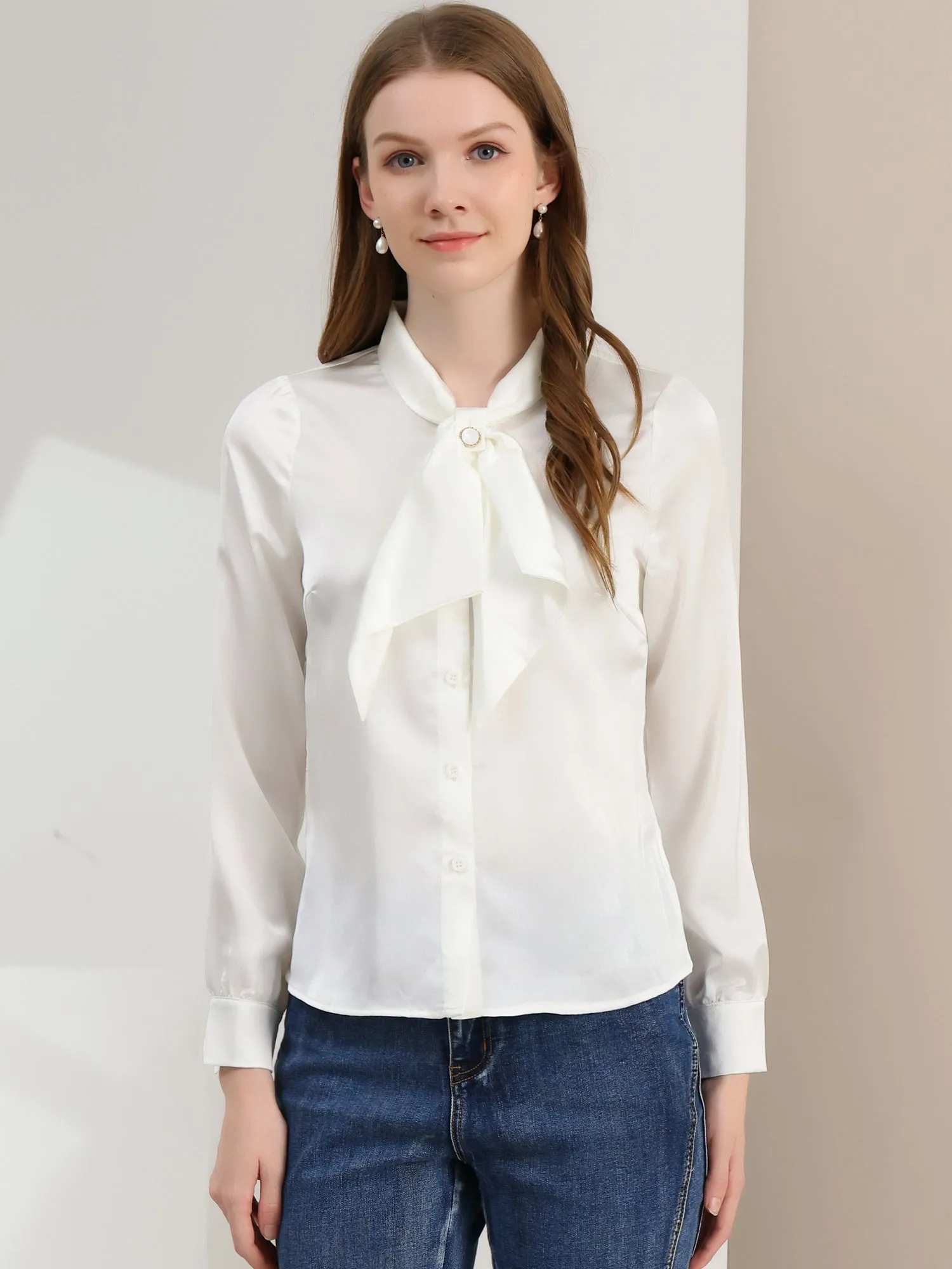 Work Top Satin Blouse Tie Neck Long sleeve Button Up Shirt