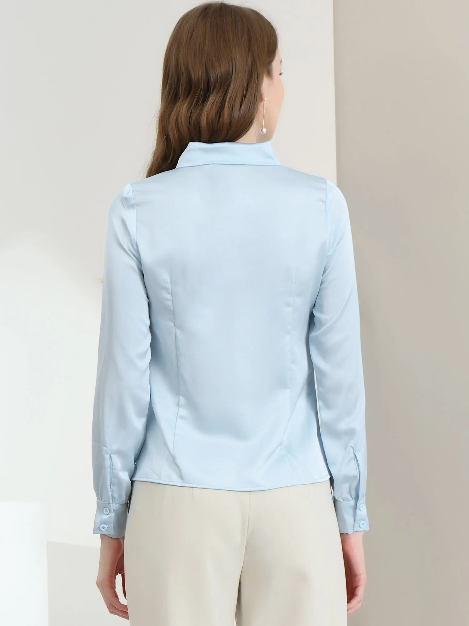 Work Top Satin Blouse Tie Neck Long sleeve Button Up Shirt