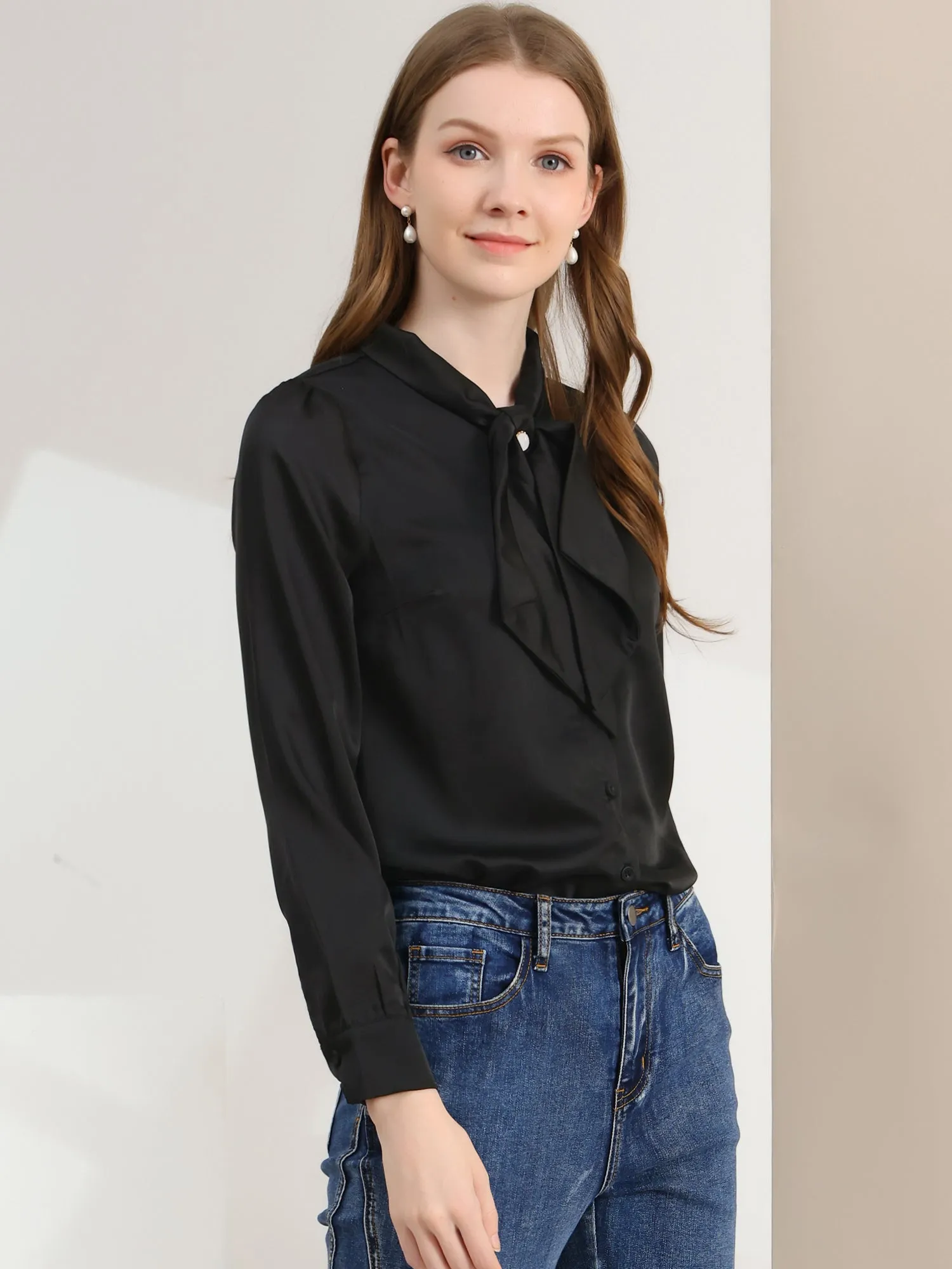 Work Top Satin Blouse Tie Neck Long sleeve Button Up Shirt