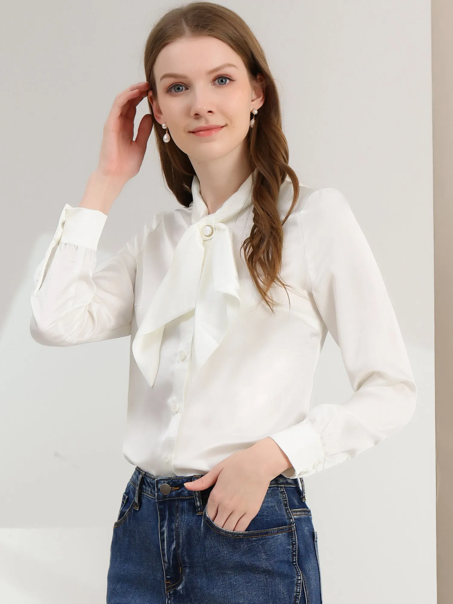 Work Top Satin Blouse Tie Neck Long sleeve Button Up Shirt